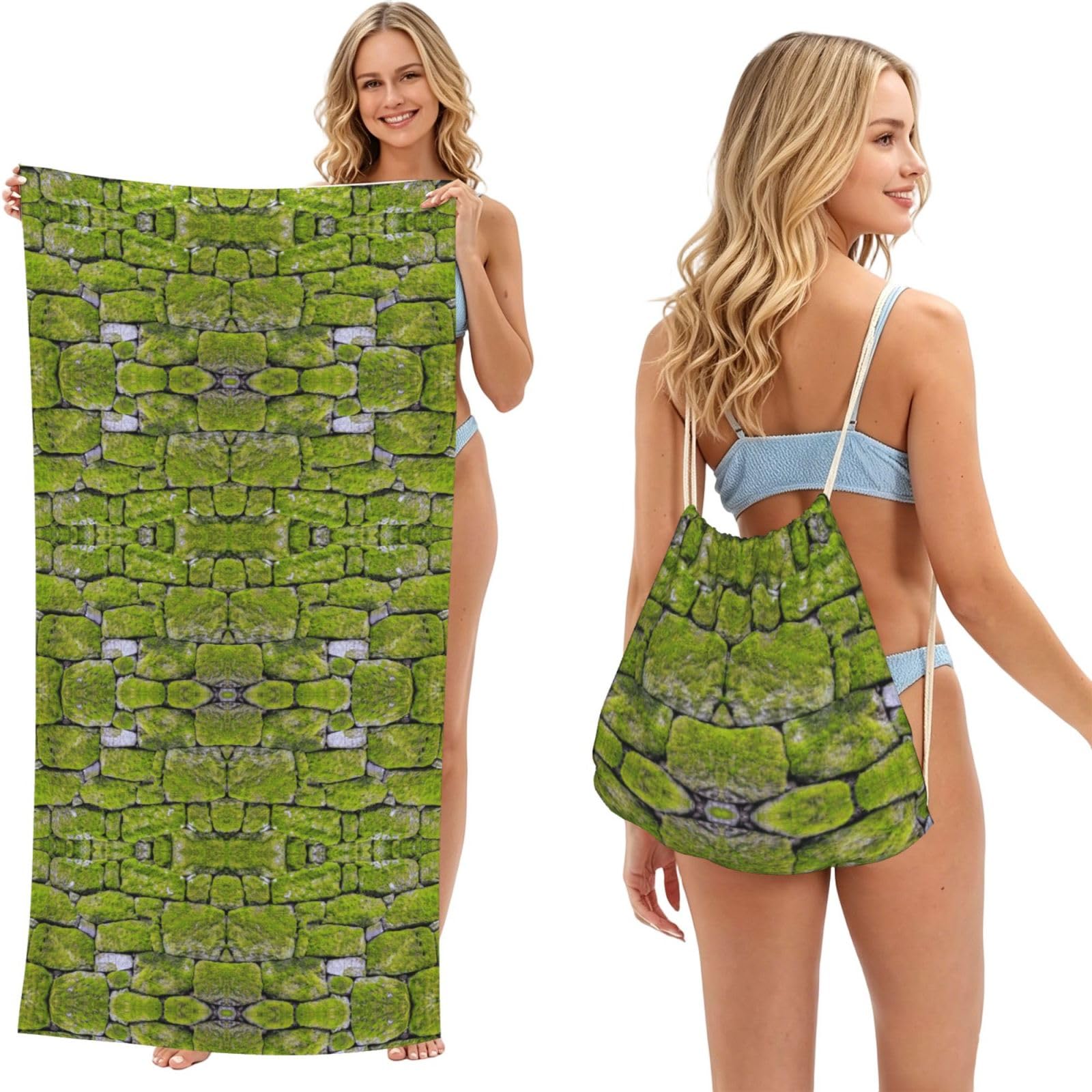 ESNAIUVCD Moss Stone Pavement Print Beach Towel For Adults,Towel With Drawstring Bag, Travel Pool Swimming Sports Shower Sand Free Quick Dry Bath Towel For Pool, Beach, Yoga- 180x60cm