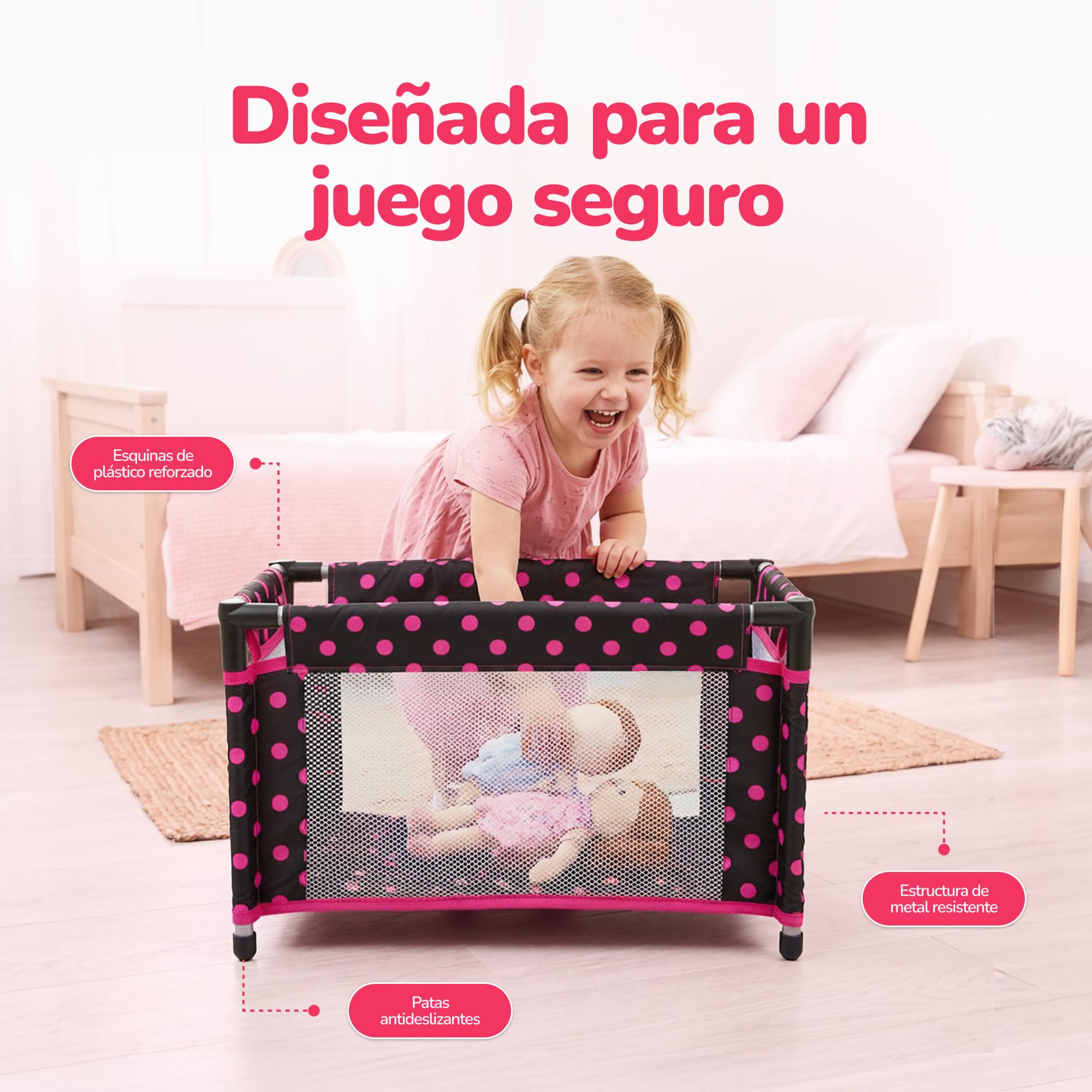 Kinderplay Lettino da Viaggio per Bambole – Culla pieghevole con borsa – Per bambole fino a 46 cm – Rete traspirante, tessuto lavabile, piedini antiscivolo – KP0400G