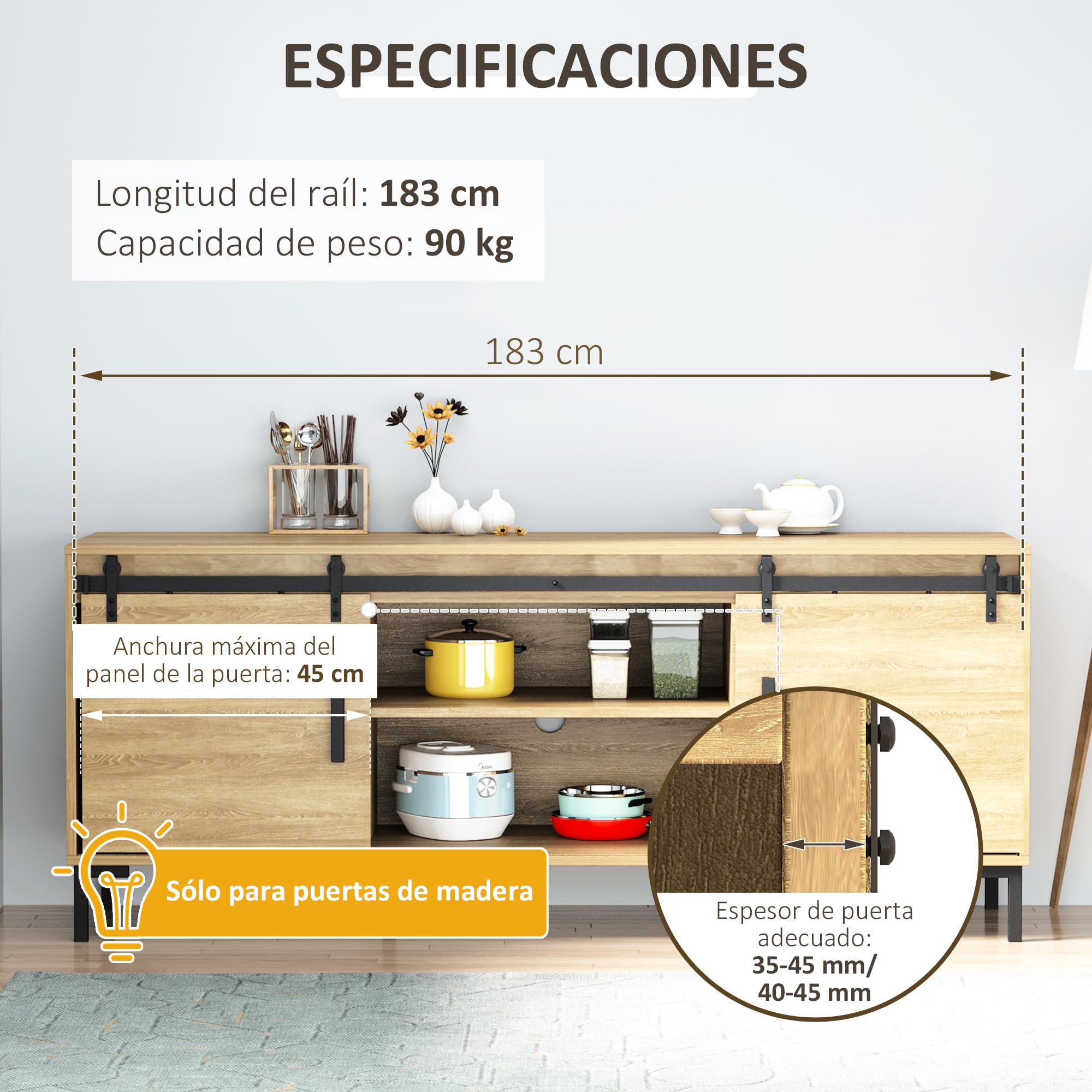 HOMCOM Herrajes Puertas Correderas 183 cm, Kit para Puerta Corredera Doble de Madera Ancho 45 cm, para Mueble de TV, Armario, Acero al Carbono, Negro