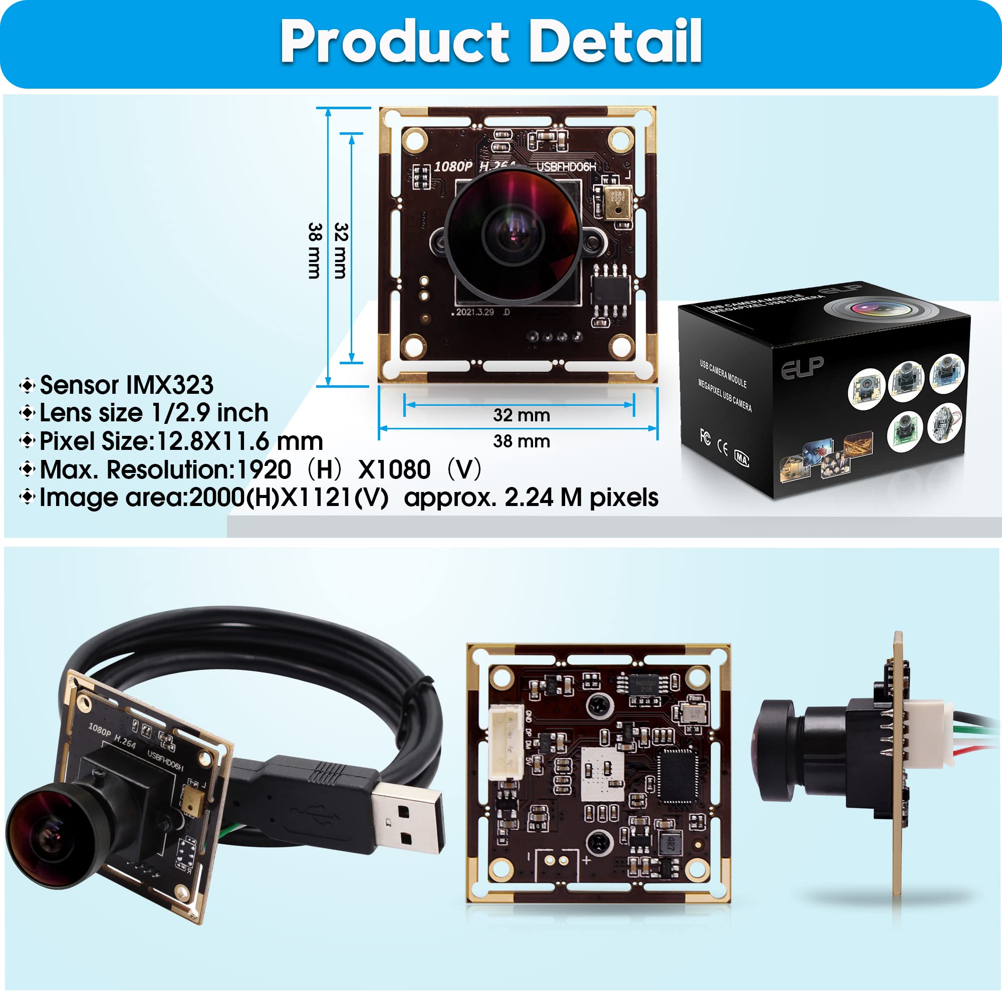 ELP Cámara web de 1080P con micrófono, sensor IMX323, módulo de cámara USB Full HD H.264, Plug and Play, cámara web de 2 megapíxeles 30FPS gran angular de baja iluminación USBFHD06H-L180