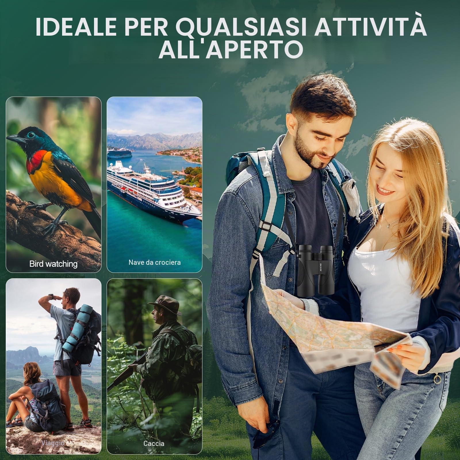 Binocolo per bird watching, 12 x 50, per adulti, HD, ad alta potenza, con visione chiara, facile messa a fuoco, con lungo raggio, per caccia, escursionismo, viaggi, crociera, concerti, osservazione