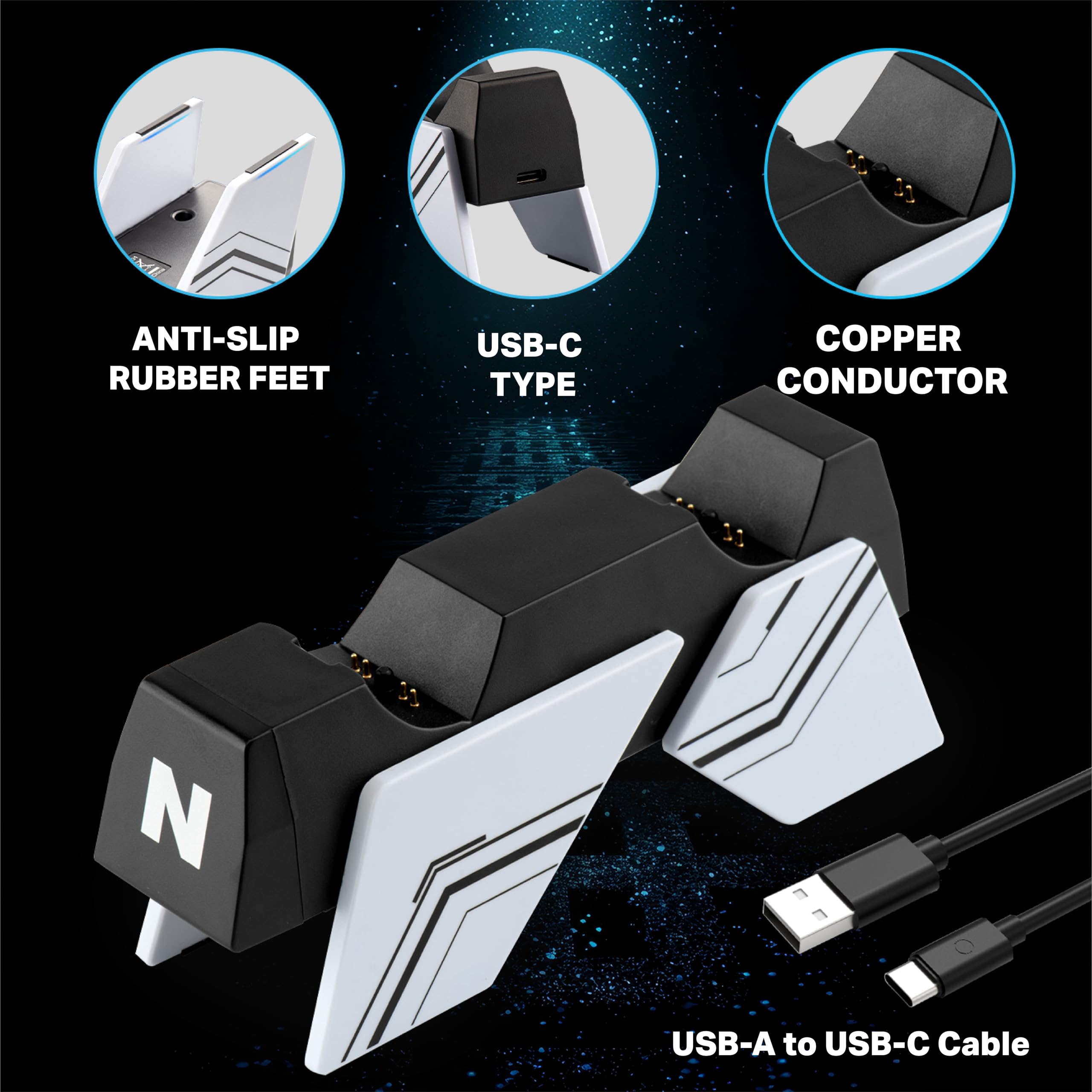 NiTHO Estación de Carga Compatible con Mandos PS5/ Edge, Estación de Recarga Doble USB con Diseño de Carga Vertical Click-In y Protección contra Sobrecargas, Blanco