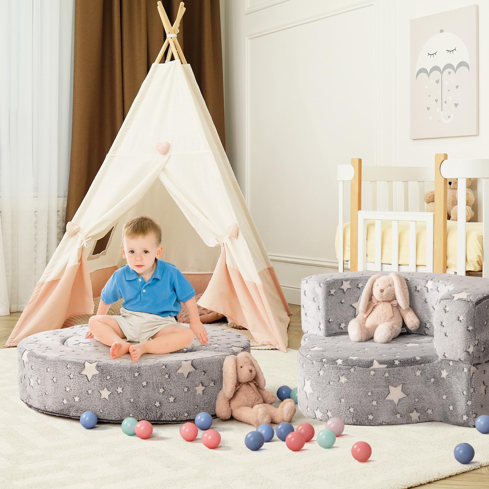 COSTWAY Canapé Convertible Enfant Lumineux avec Motif Étoile, Fauteuil Enfant Convertible en Tissu Flanelle avec Housse Lavable, Canapé Modulaire Phosphorescent pour Garçon et Fille de 3 Ans+