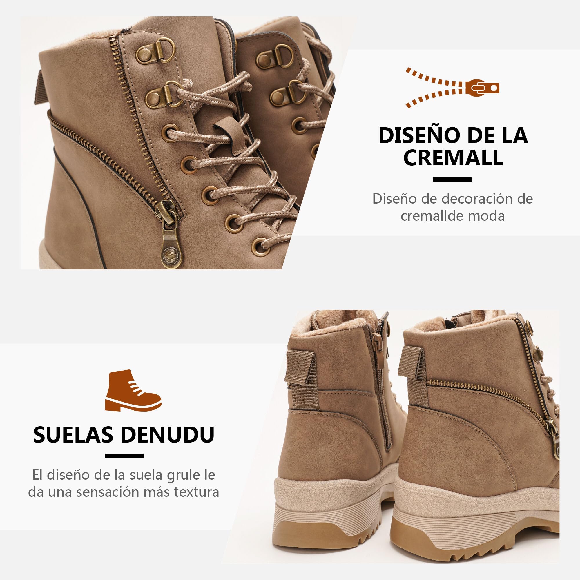 GLAMORA Botas de Nieve para Mujer, Botines de Invierno Estilo Montaña, Antideslizantes, Resistentes al Agua, con Pelo, Cremallera Lateral y Cordones