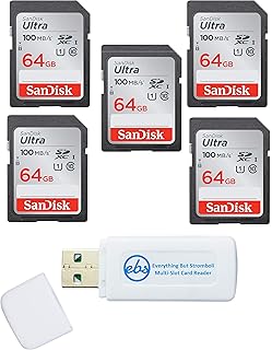 SanDisk 64GB SD Ultra Memory Card (5 Pack) UHS-I Class 10 SD Memory Card (SDSDUNR-064G-GN6IN) Bundle with (1) Everything But Stromboli Combo Card Reader