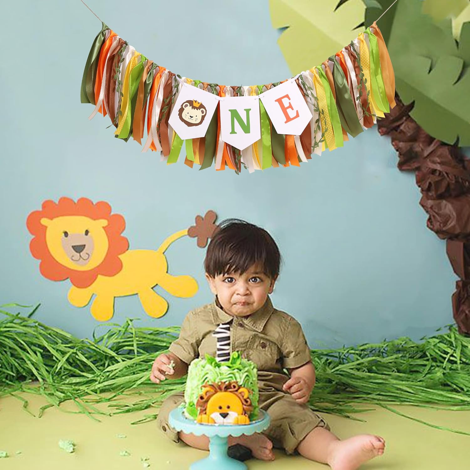 Wild One Lion High Chair Banner for 1st Birthday – Jungle Safari 1st Birthday decorations for boys, Green Orange Ribbon one highchair banner Baby First Bday Cake Smash Props