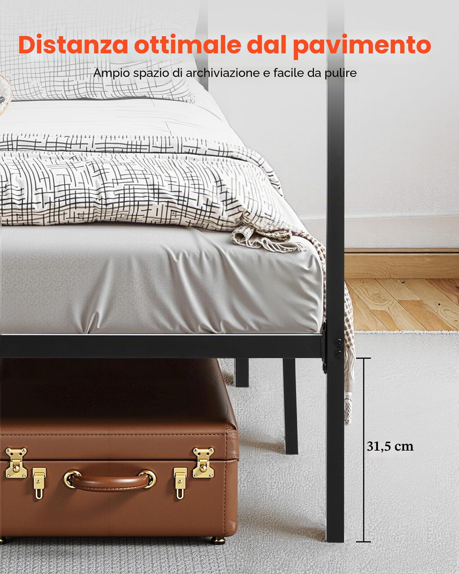 VEVOR Letto a Baldacchino Matrimoniale, Letto in Metallo con Testiera Minimalista e Design a Baldacchino, Robusto Supporto a Doghe in Acciaio Quadrate, Non Necessita di Materasso a Molle, Nero