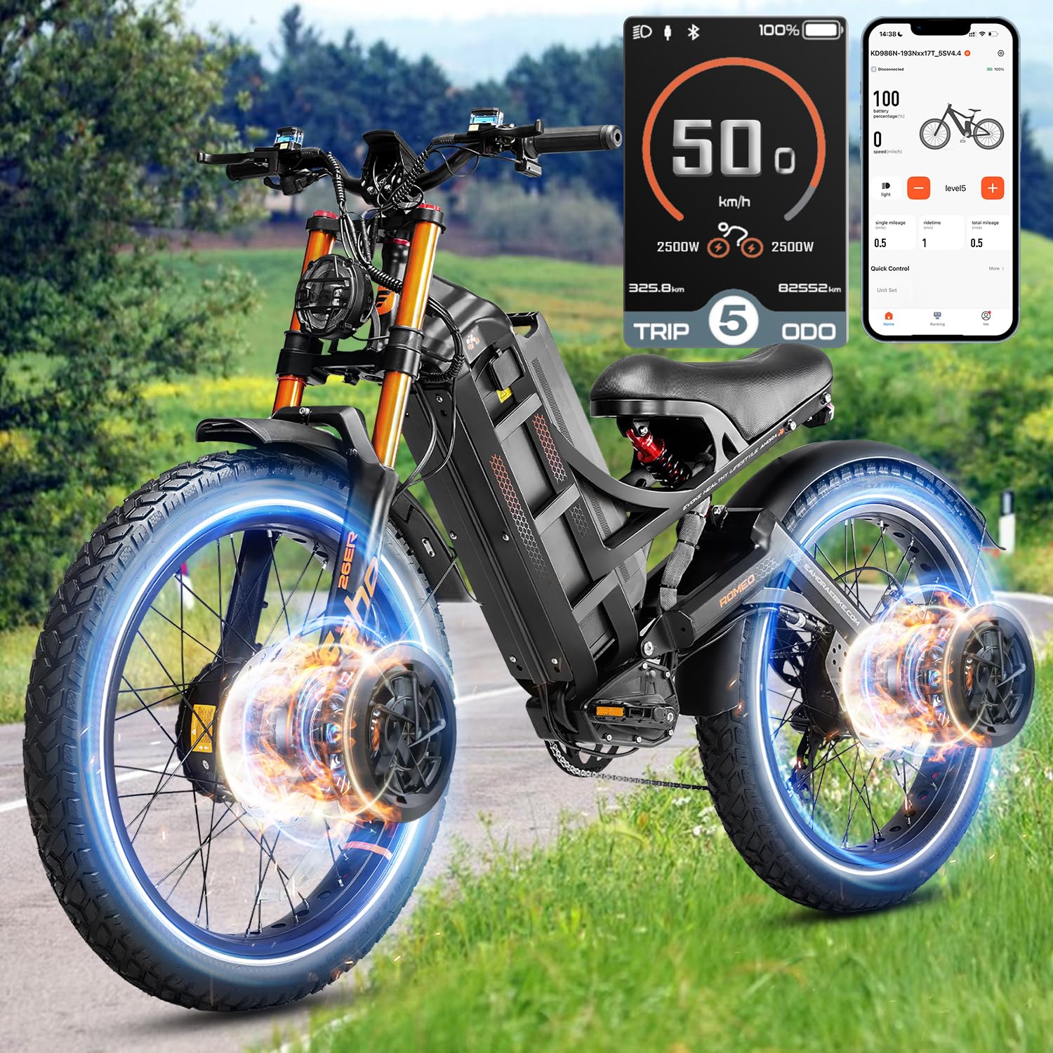 eAhora 2025 Romeo Pro 3/2 50/46Mph 5600W/4000W Dual Motor Electric Bike for Adults, 60V 80Ah/52V 70Ah 200-235 Miles Long Range E Bike, 26 * 4.0" Fat