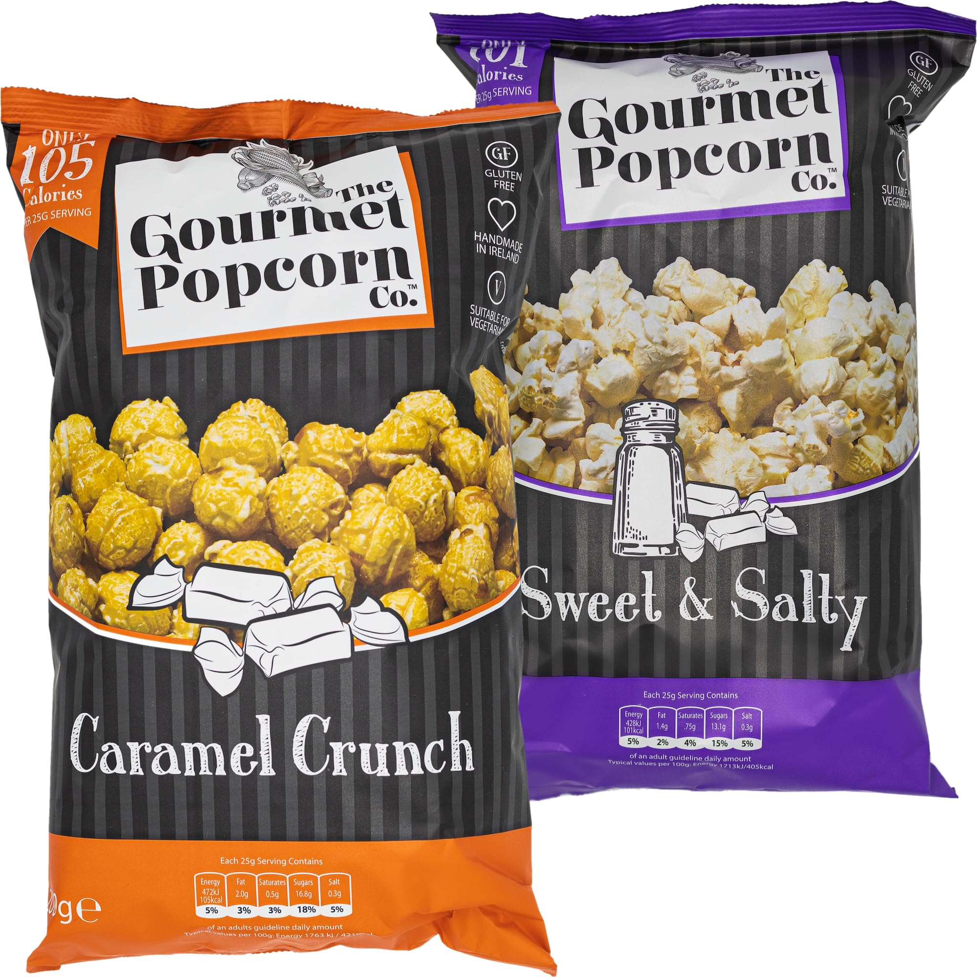 The Gourmet Popcorn Co.Variety Pack - Caramel Popcorn and Sweet & Salty Popcorn- 2 Large Packs of Healthy Snacks - 84 or 101 Calories Per Serving - Crunch Delicious Snacks - Family Sharing Bags