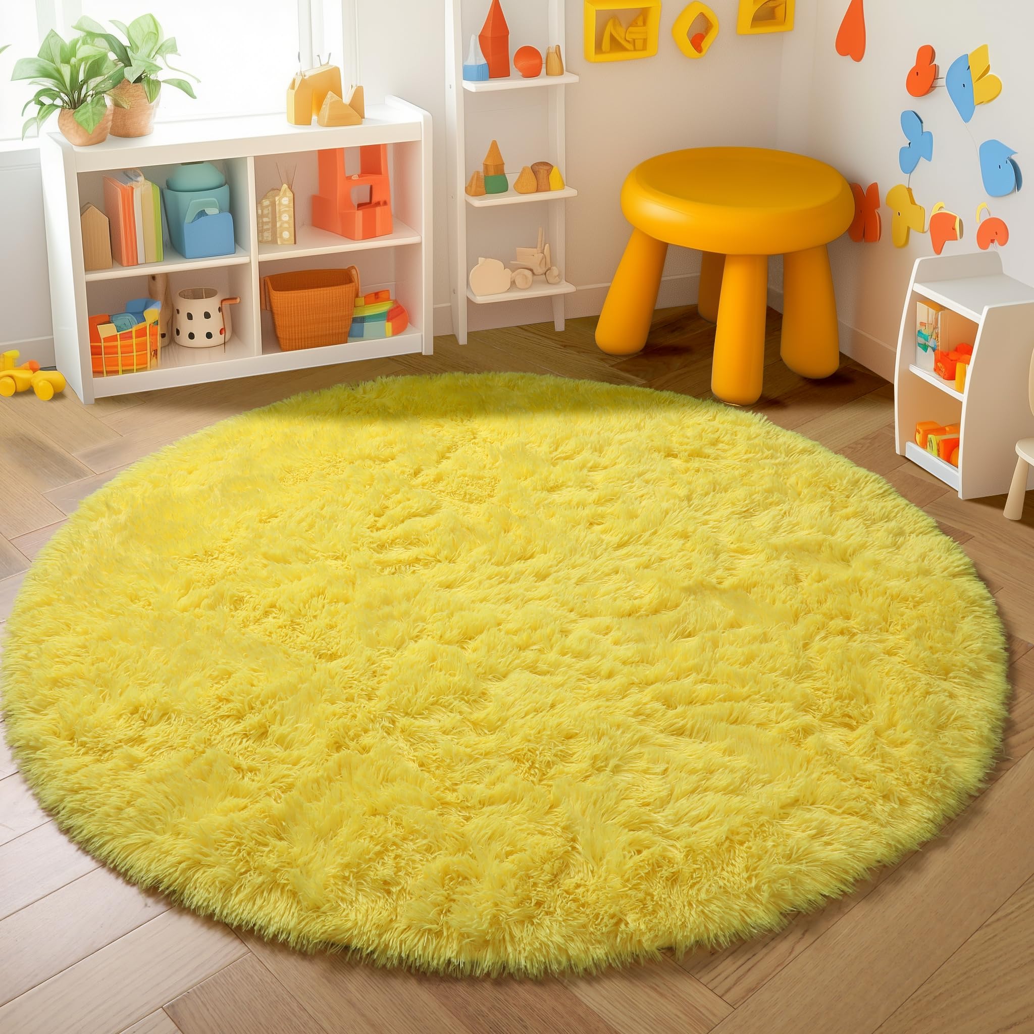 Amdrebio - Alfombra redonda amarilla de 183 cm para salón o dormitorio, mullida de felpa y pelo largo, para decoración de guardería, aula, habitación infantil o juvenil, niñas o niños, estilo kawaii