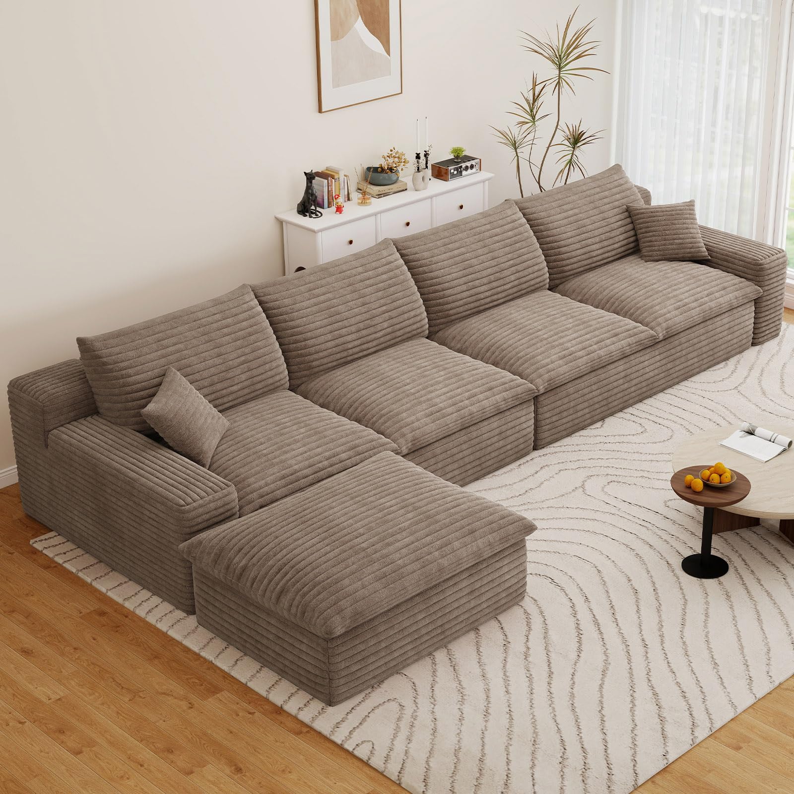 136" Cloud Couch Modular Sectional Sofa for Living Room, L-Shape Boneless Couch with Deep Seat, Modern Corduroy 6-Seater with Ottoman, No Assembly Required,Camel