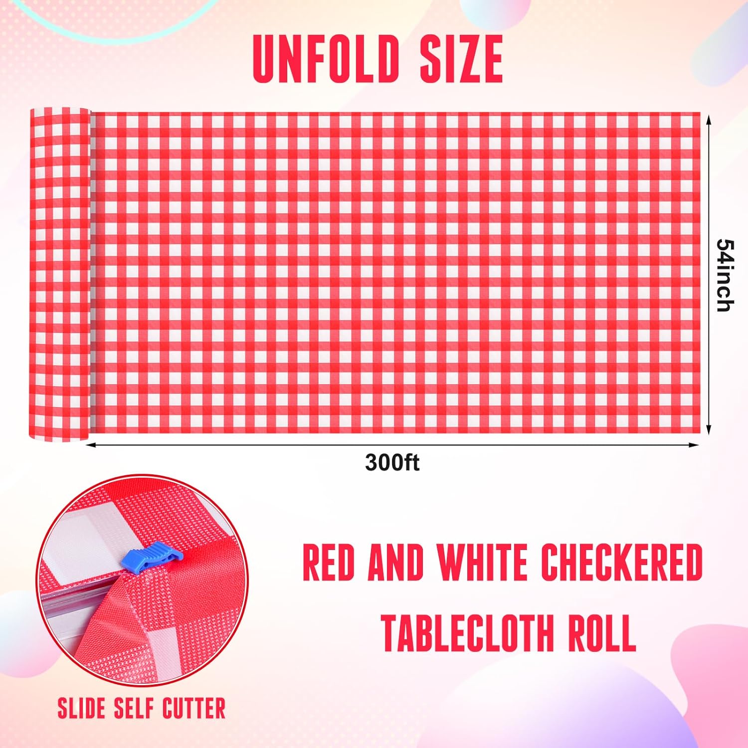 Red and White Plastic Checkered Tablecloth Roll 54Inch X 300Ft, Premium Decorative Disposable Red Picnic Gingham Plaid Table Cloths for Parties, Party Table Cover for Picnic Farm Birthday Wedding