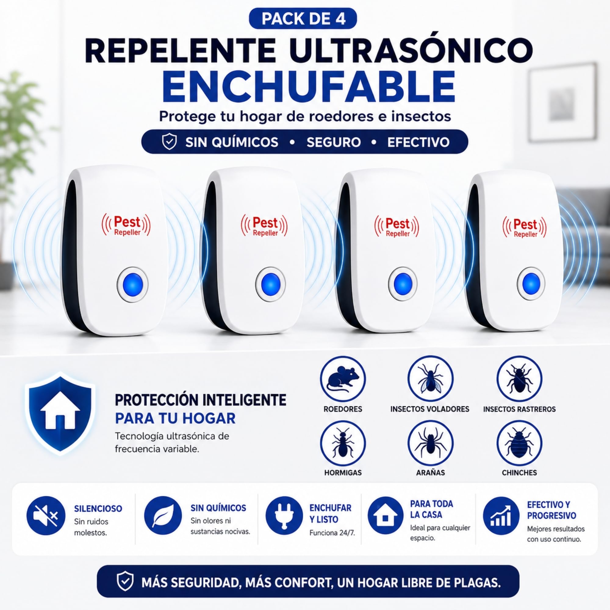 Ultrasonic Pest Repeller Plug-in 4 Pack – Repelente Ultrasonico para Ratas y Ratones, Anti Mosquitos y Moscas, Repelente de Insectos para Casa, Aparato Ultrasónico Silencioso, Sin Químicos Nocivos