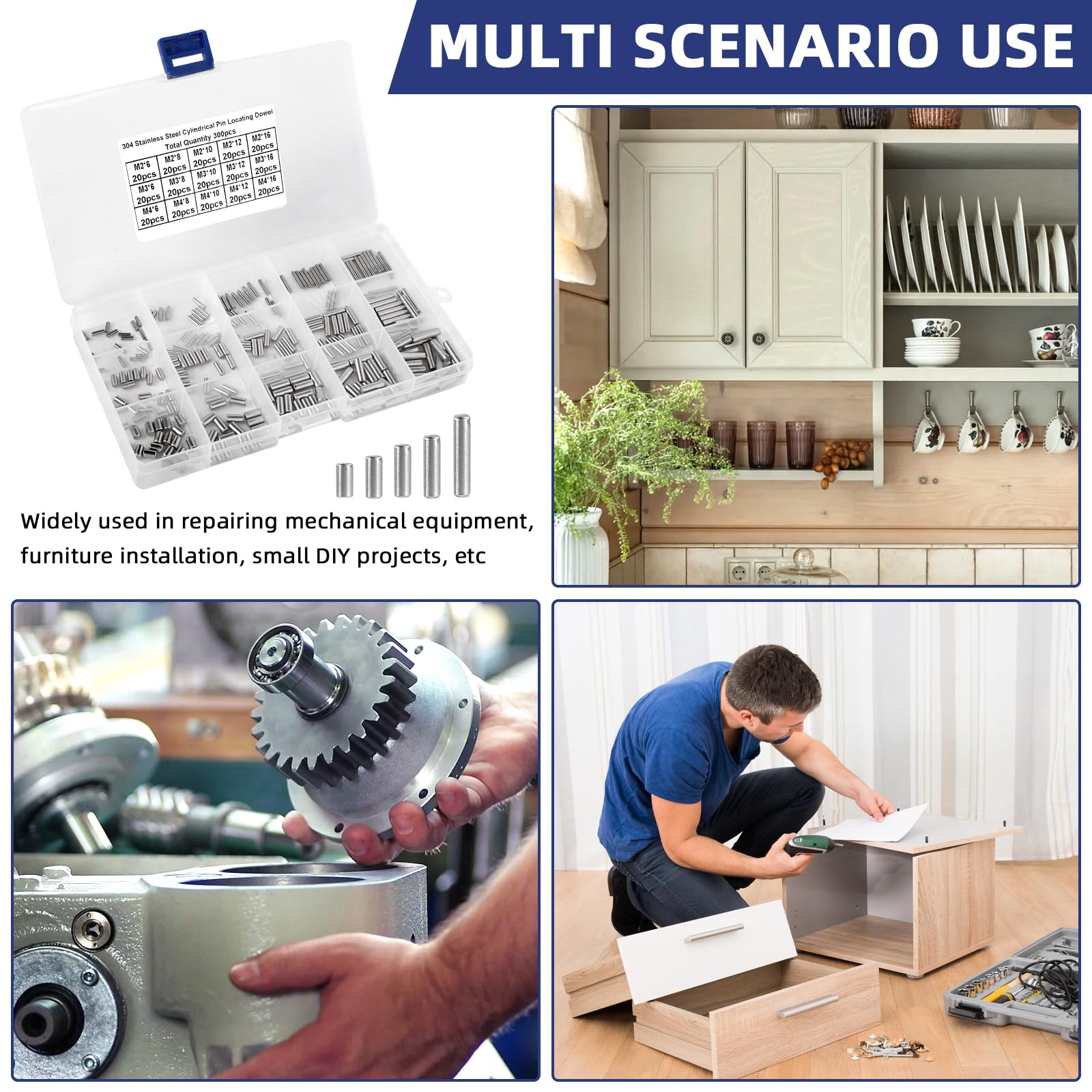 Kit di 300 Spinotti cilindrici M2/M3/M4 in acciaio inox 304 Perni meccanici, Perno supporto per scaffali, Perno di centraggio con scatola per assemblaggio industriale, scaffalature e mobili