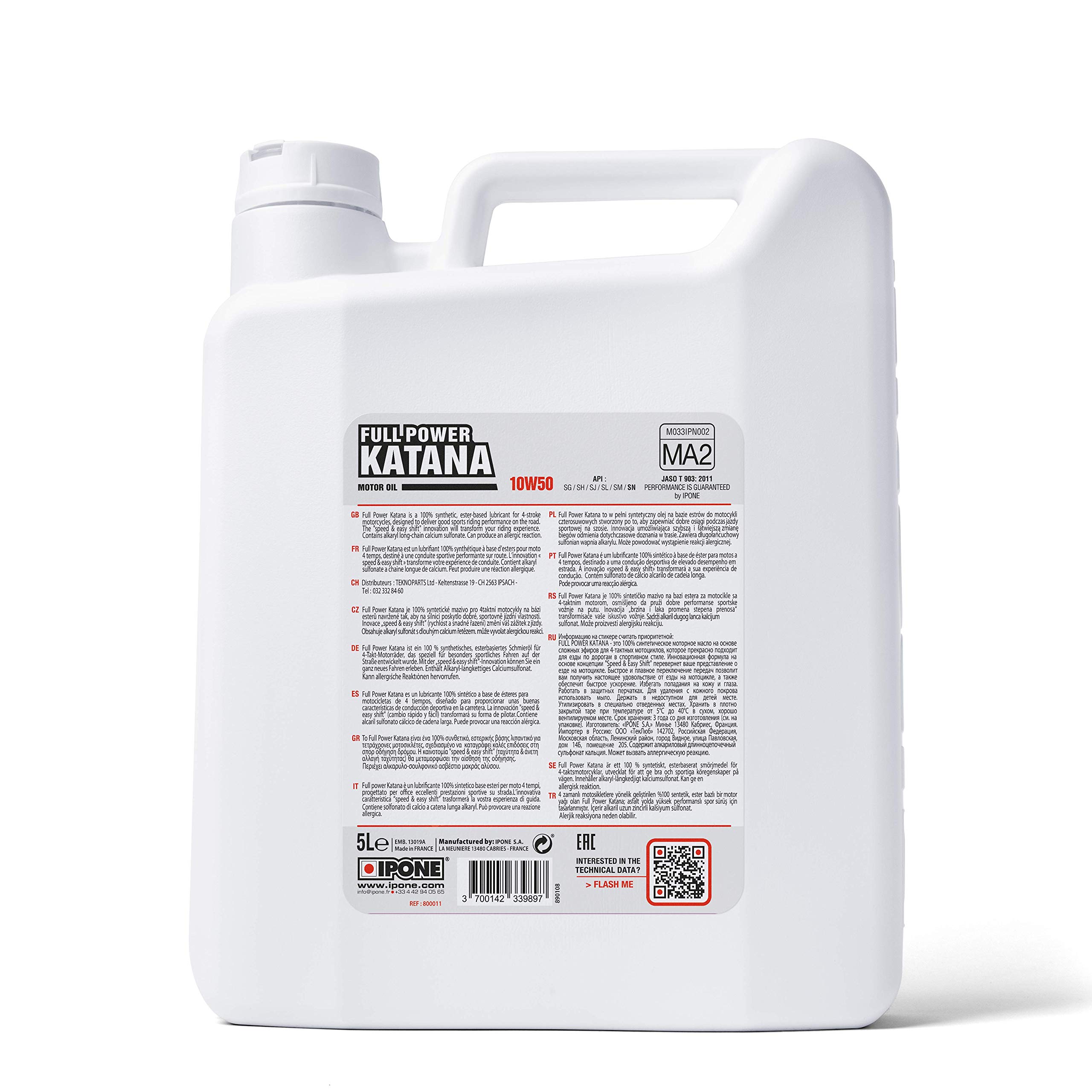 IPONE - Aceite Motor Moto 4 Tiempos 10W50 Full Power Katana - Lubricante 100% Sintético con Ésteres - Alto Rendimiento - Cambio de Velocidad Más Fluido - Bidón 4 Litros + 1 Litro Ofrecido
