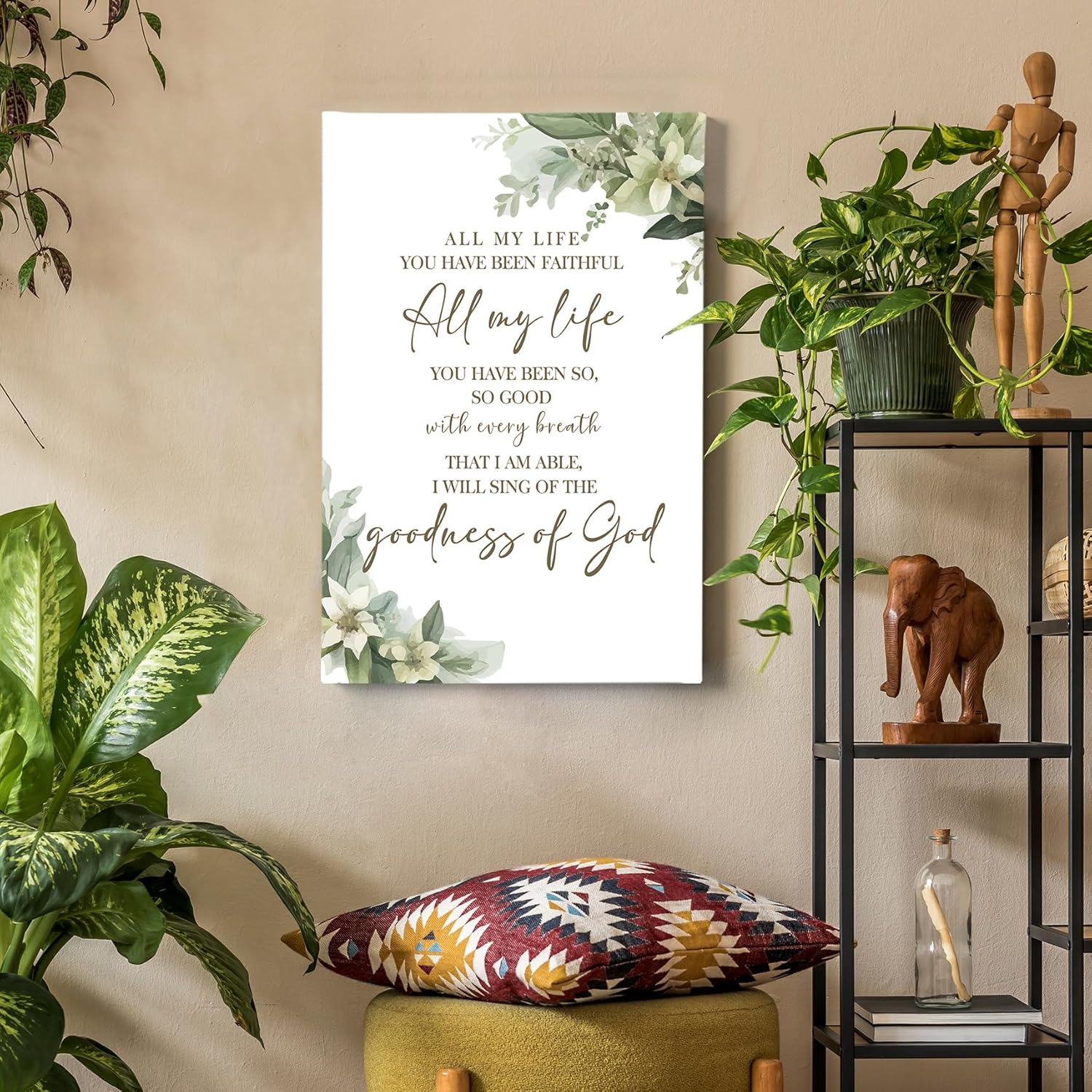 HIWX Christian Wall Decor, All My Life You Have Been Faithful Bible Verse Botanical Framed Canvas Painting Wall Art Decor, Religious Wall Art Home Decoration for Bedroom Living Room Church, 16x24