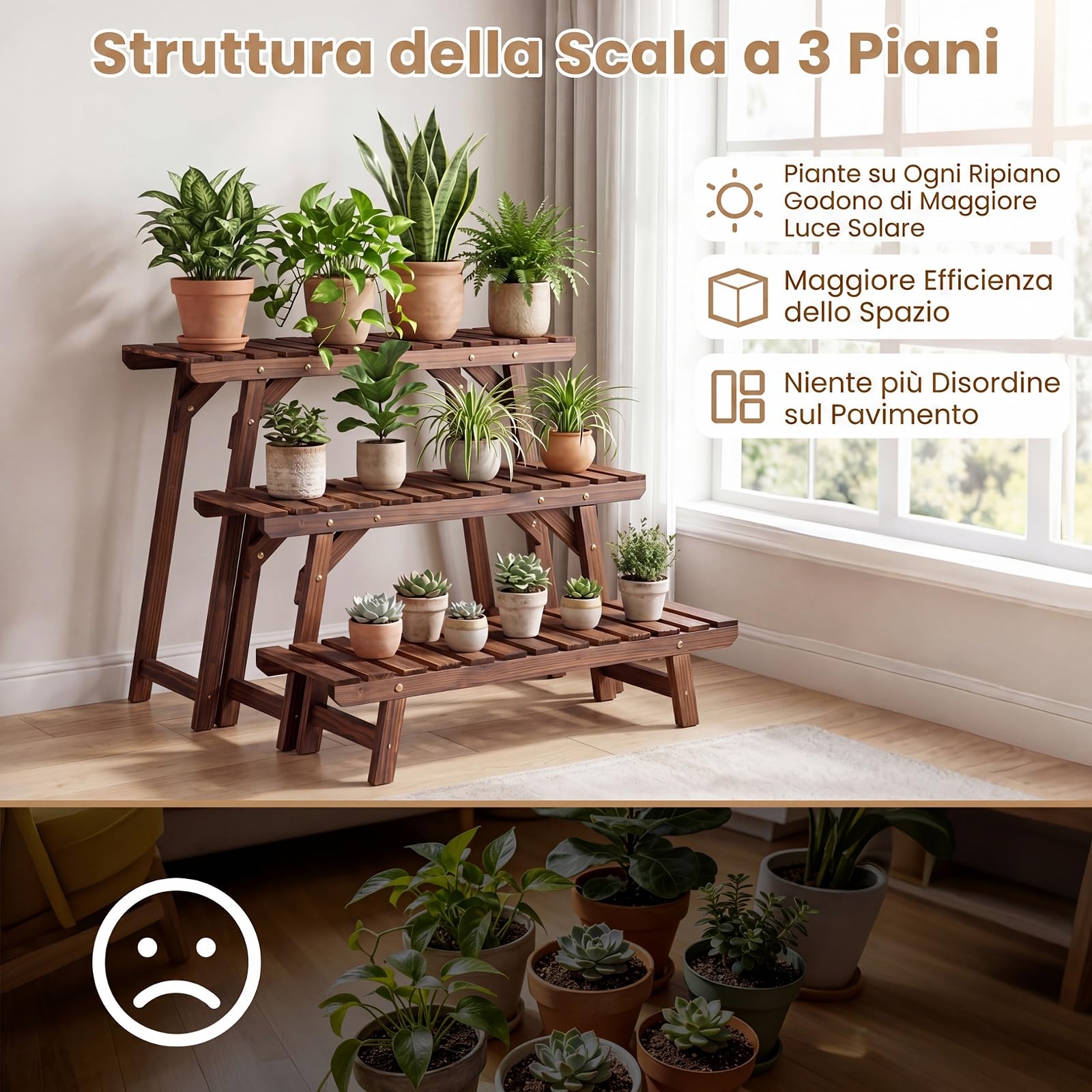 COSTWAY Porta Piante a 3 Livelli in Legno di Abete a Doghe | Scaffale Portavasi a Scala da Interno ed Esterno per Terrazza, Balcone e Giardino, Marrone