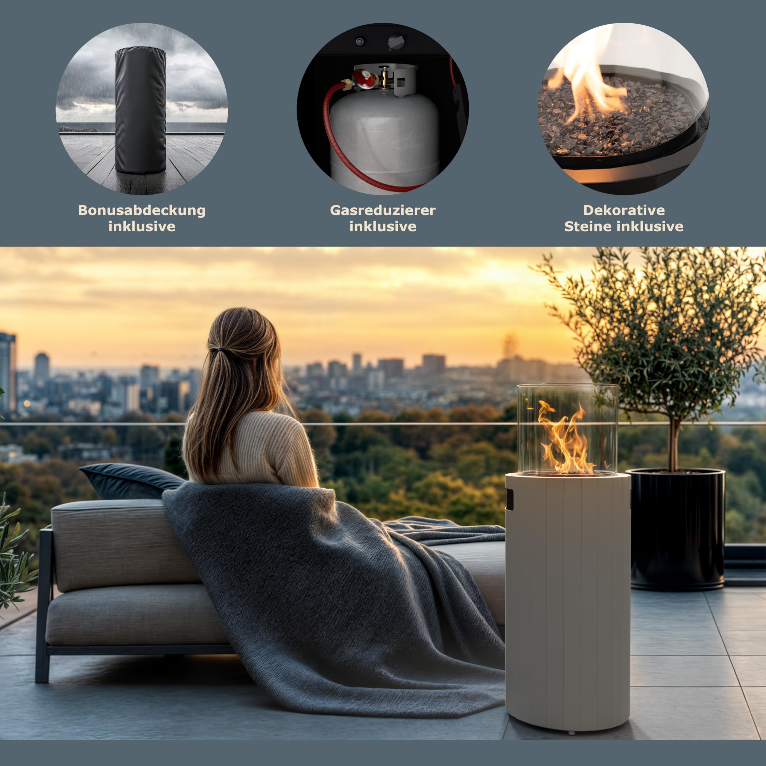 Planika BINO Outdoor-Gaskamin Tragbarer Terrassenheizer und Freistehender, Propan Heizpilz für Ihren Garten und Terrasse mit Schutzabdeckung