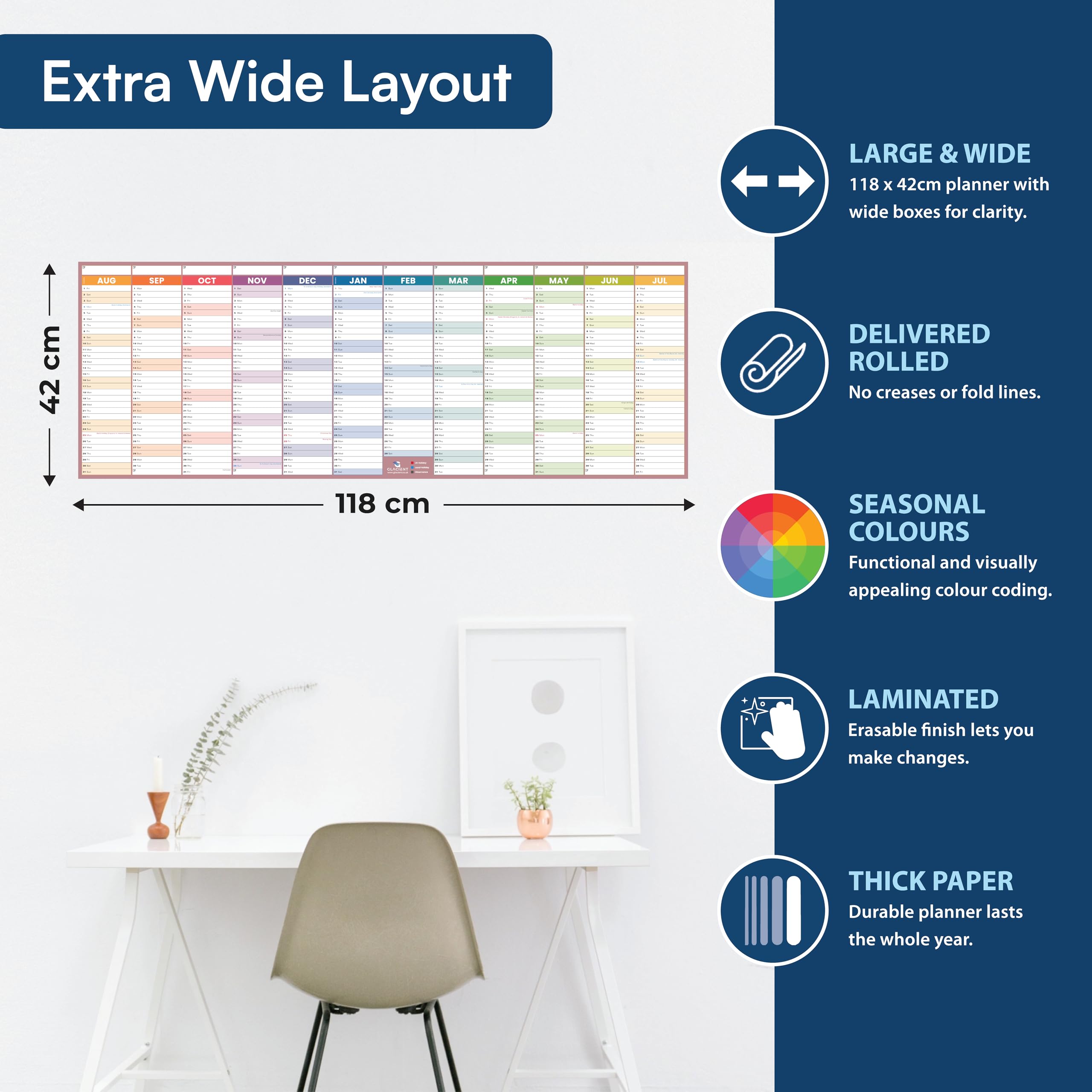Planificador de pared para año académico 2024-2025, 118 x 42 cm, laminado grueso, calendario de mitad de año, del 24 de agosto al 25 de julio, marcadores, pegatinas y puntos de pegamento, of