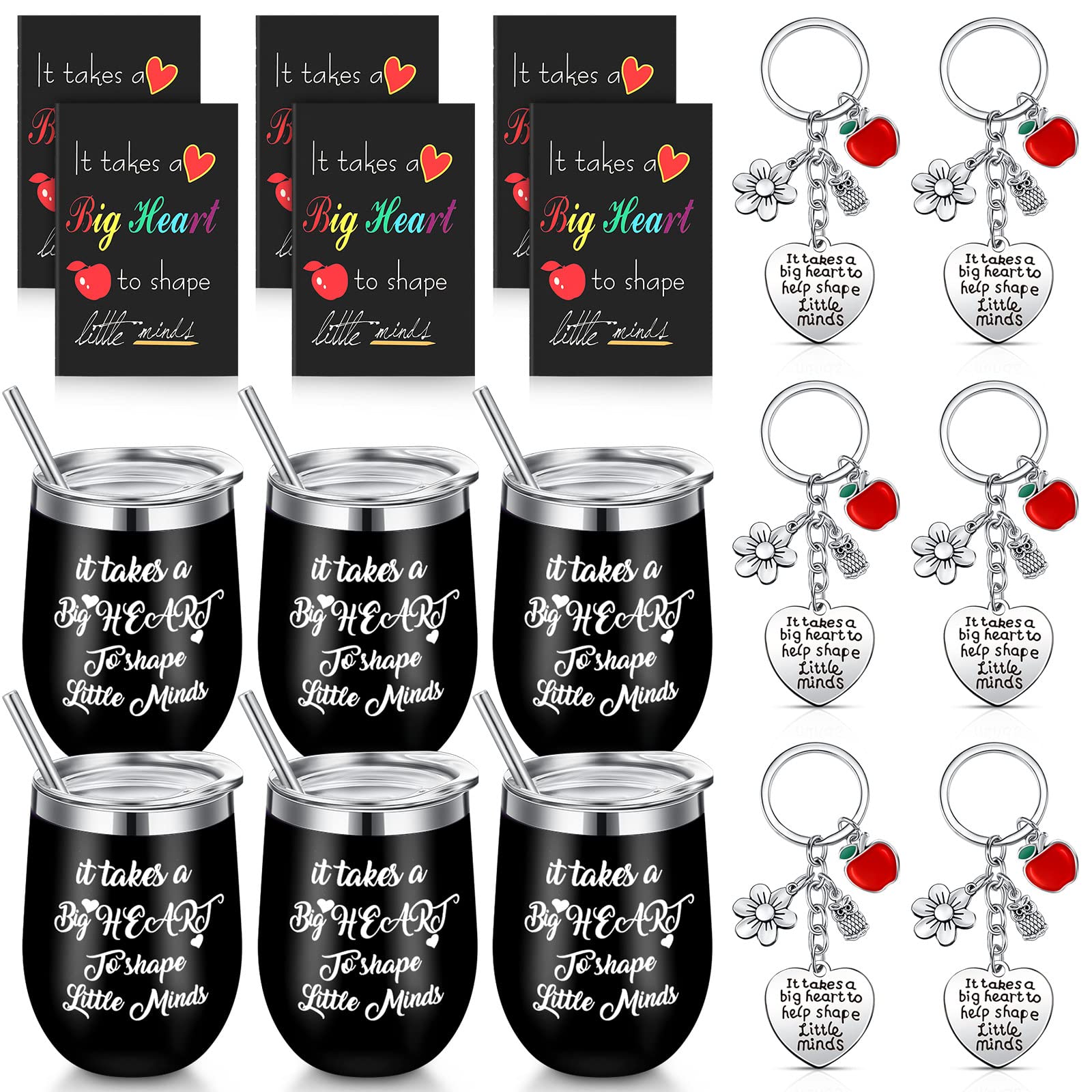Gerrii 18 Pcs Teacher Appreciation Gifts Bulk 12 Oz Wine Cups with Lid Straw Brushes Teacher Mini Journal Notepads Keychains Graduation Retirement Teacher Gifts(Black)