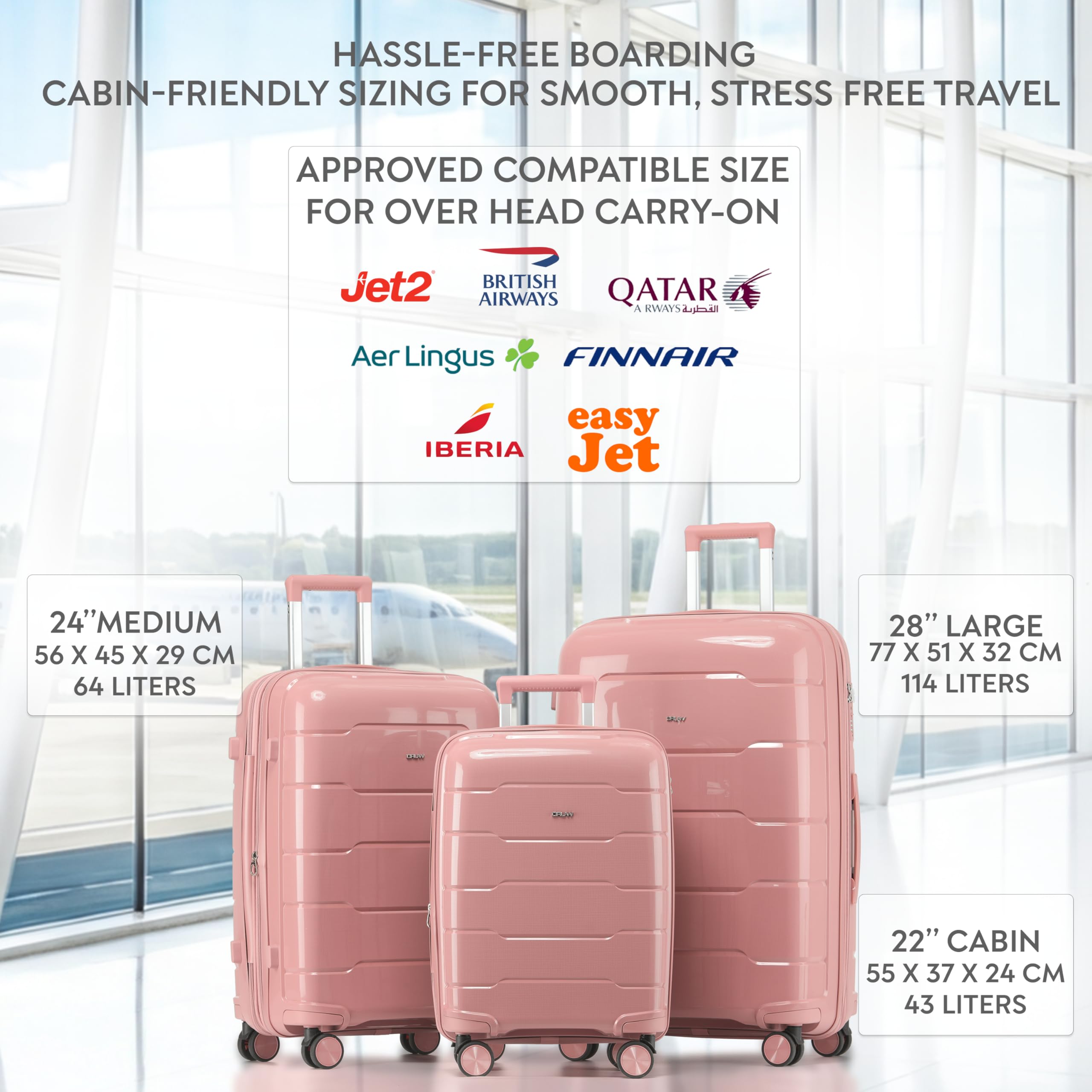 CRUW 3-Piece Luggage Set Expandable Polypropylene Suitcase Set TSA Locks 8 Silent Spinner Wheels Lightweight Nested Suitcases Travel Set easyJet British Airways Jet2 Airline-Approved Carry-On Pink