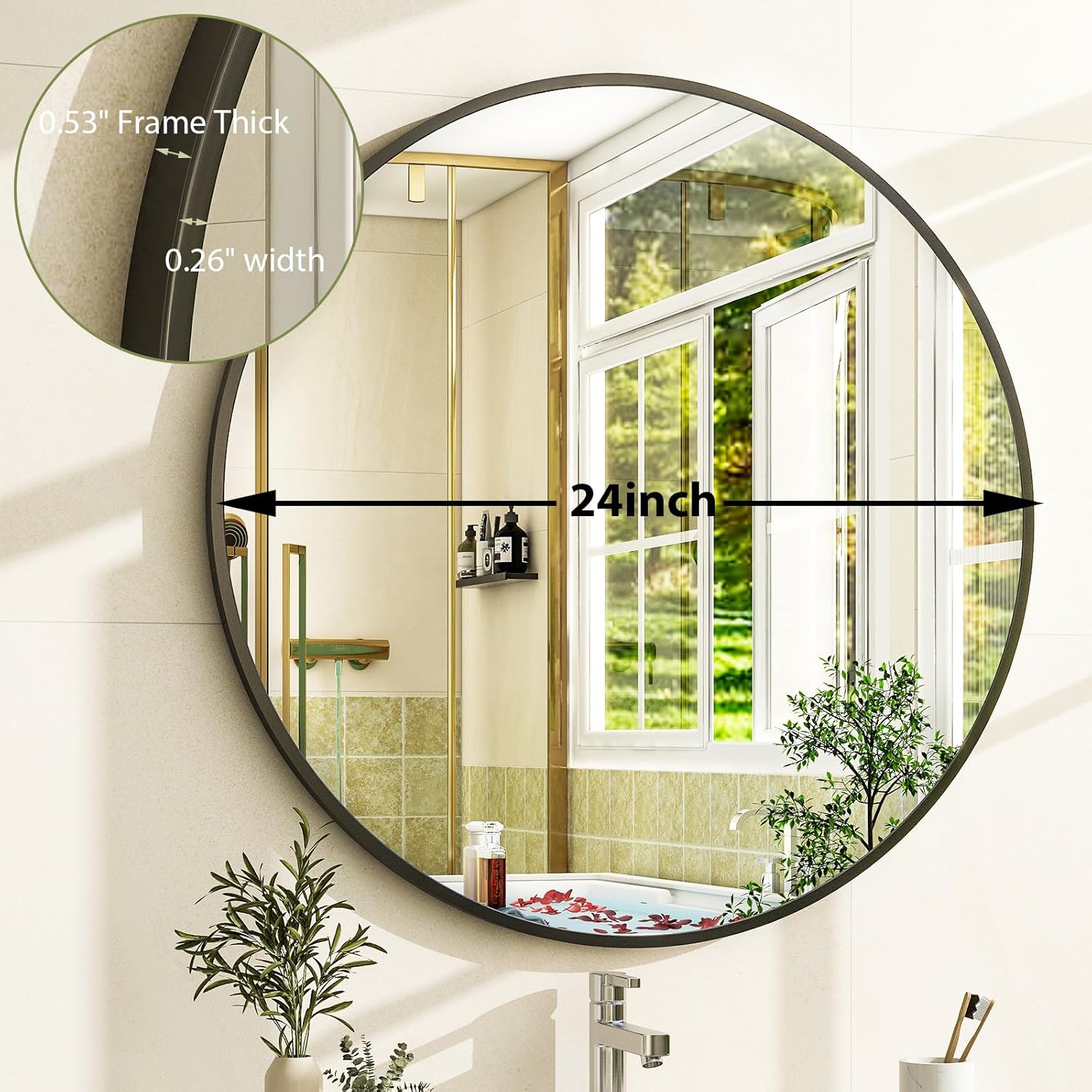 24 Inch Round Bathroom Mirror - Black Wall Mounted Circle Mirror with Metal Frame, Modern Round Hanging Mirror Suitable for Bathroom, Vanity, Entryway, Living Room