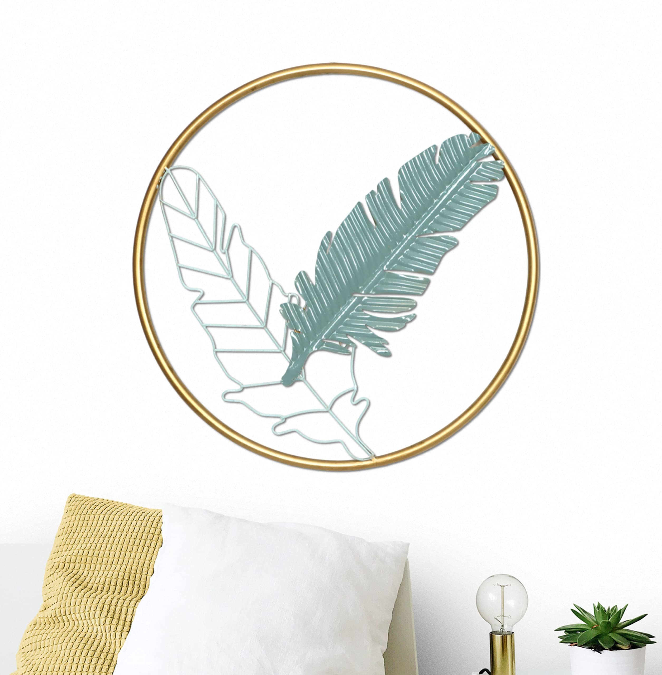 Gold Metal Leaf Wall Decor for Living Room -18" Wide- Elegant & Solid Design Ready to Hang with Vibrant Gold & Blue-Green Colors Large Round Living Room Wall Decor Art for Bedroom & Bathroom