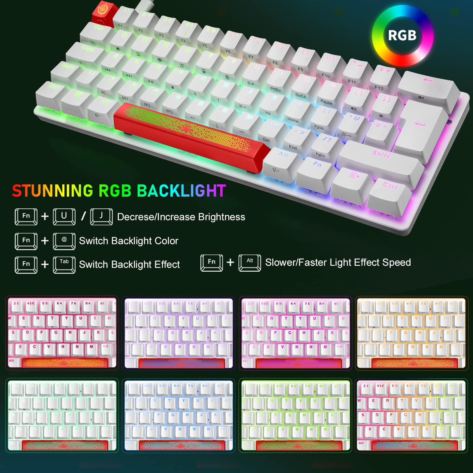 Układ brytyjski, mechaniczna klawiatura do gier RGB, 14 efektów podświetlenia, mini 62 klawisze, przewodowa typ C + lekka mysz RGB 6400DPI o strukturze plastra miodu + podkładka pod mysz kompatybilna z PS4, Xboxem, PC, laptopem (czerwono-czarna)