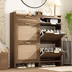 Shoe Organizer Cabinet Storage for Entryway - Slim Rattan Shoe Rack for Front Door Entrance, Narrow Hidden Shoe Cabinet with Flip Drawers, Boho Shoe Holder Cabinet,Two Doors, Oak