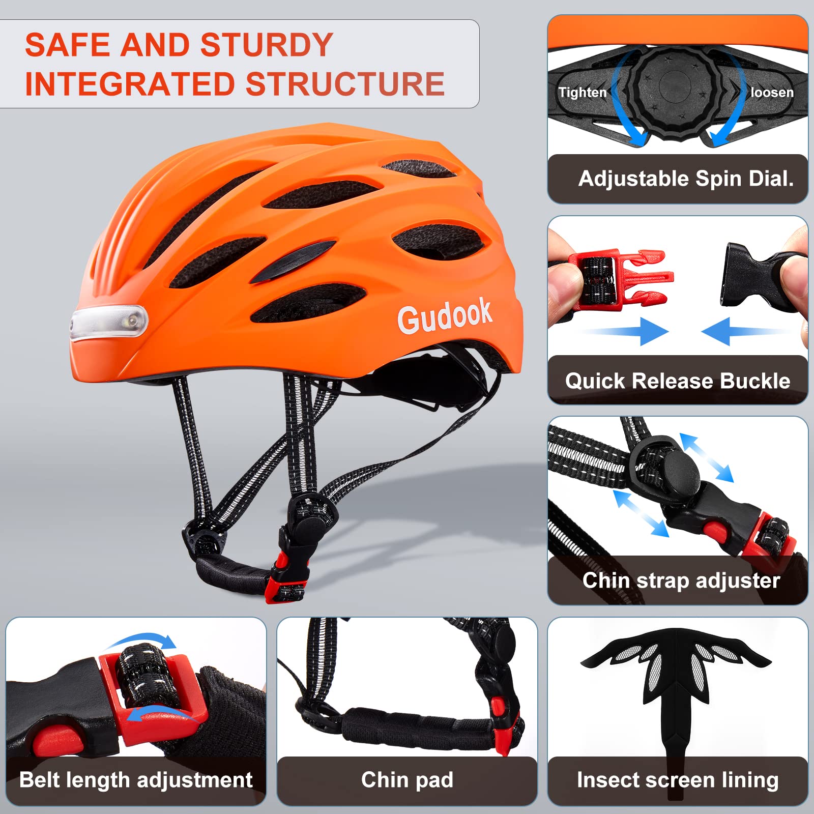Gudook Bike Helmet Adult Helmets for Men/Women: with USB Rechargeable Front and Rear LED Light for Cycling Urban Commuter Casco para Bicicleta Lightweight Bicycle Helmet (Matte Orange, Medium)