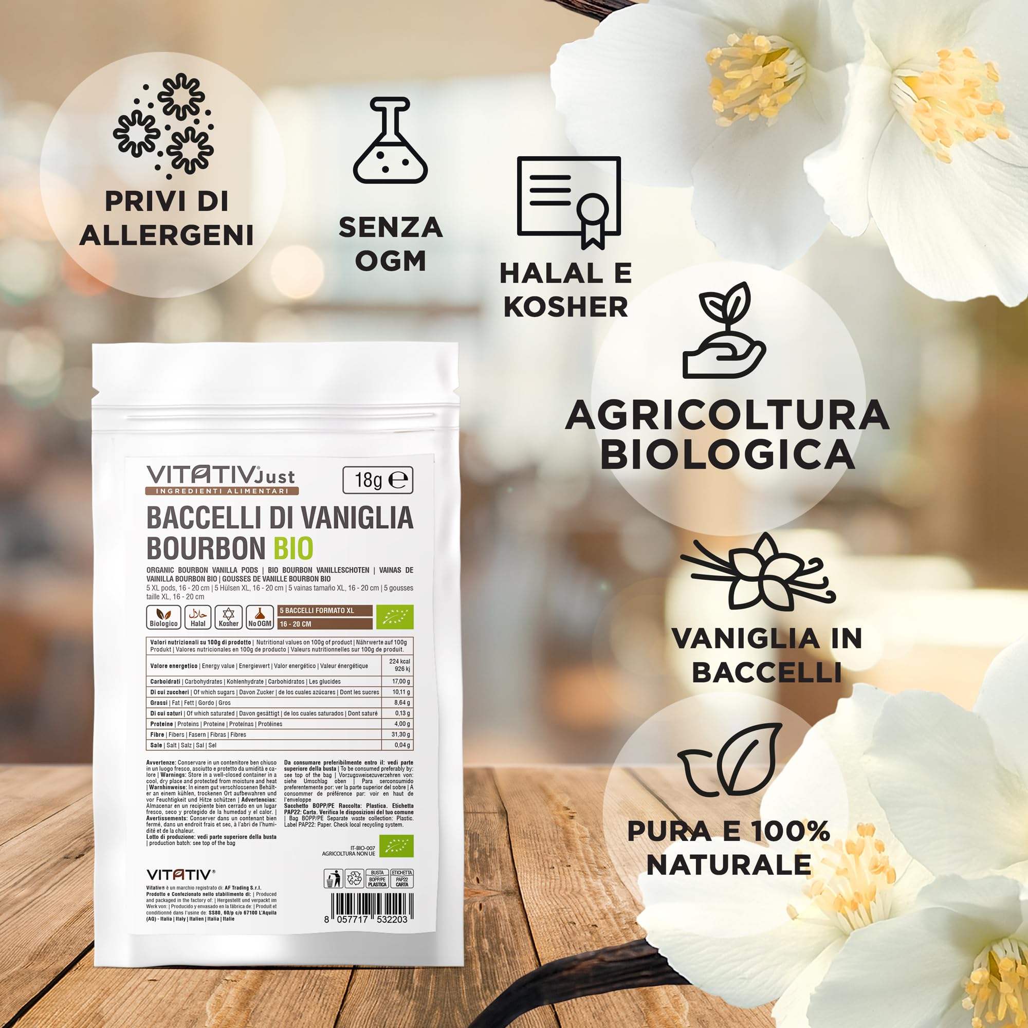 Baccelli di Vaniglia Bourbon BIO 5 pezzi XL 16-20 cm del Madagascar da Agricoltura Biologica - Prima Qualità - VITATIV - 18gr
