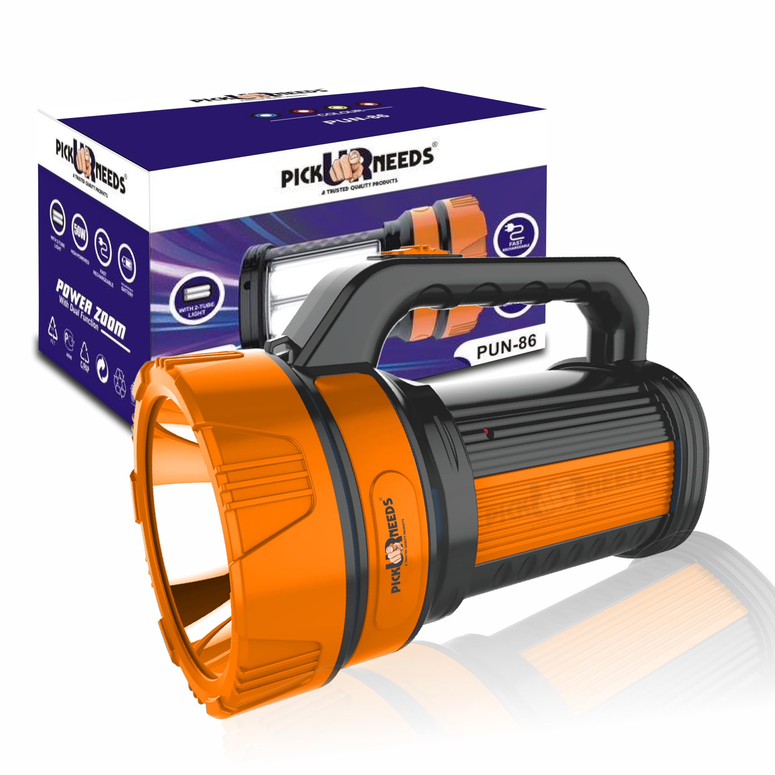Pick Ur Needs 50W Rechargeable Long Range Search Torch Light with 2 Side Emergency Kissan Light (Orange) (B0D81CK1HQ) Amazon Price History, Amazon Price Tracker