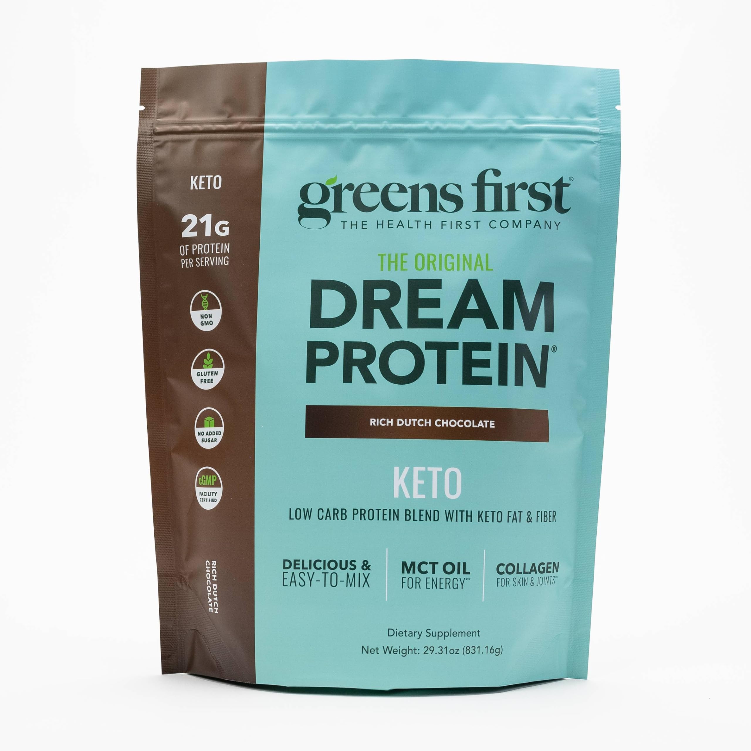 Proteína en polvo cetogénica Greens First Dream - 21 g de proteína por ración - Baja en carbohidratos - Con aceite MCT y colágeno - Sin OMG, sin gluten, sin cafeína (Chocolate holandés intenso, 850 g)
