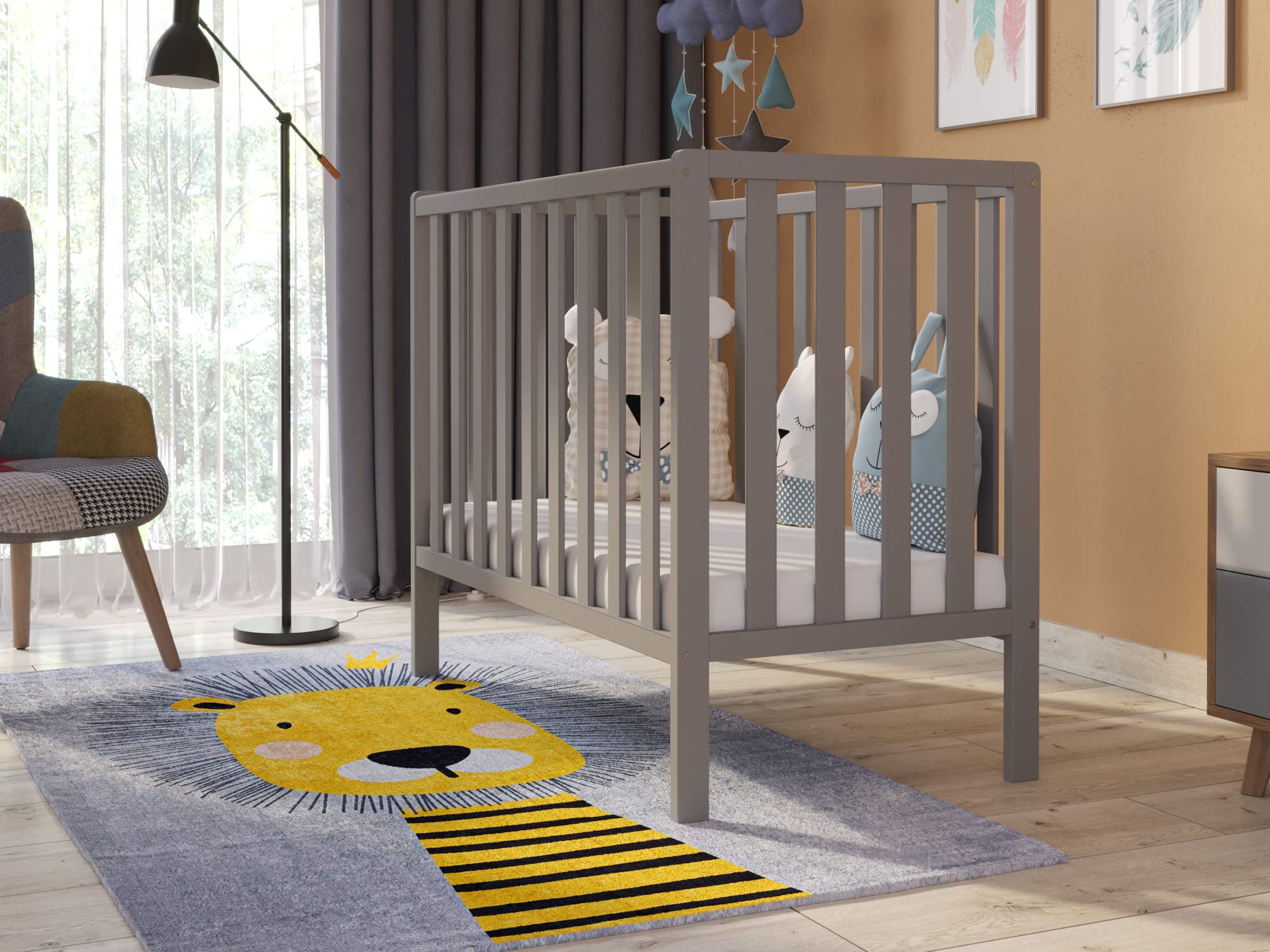 Love For Sleep Mini Cuna Bebe de Madera Gris 100x50 cm con Colchón Acolchado – Cuna Compacta para Bebé Que Ahorra Espacio