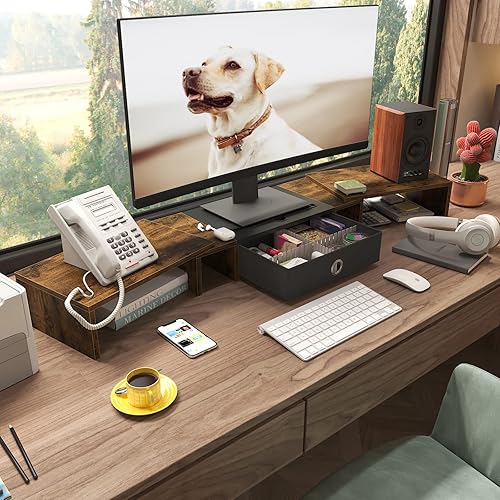 Miniatura 6 de WESTREE Soporte elevador triple para monitor dual con cajón, extra grande ajustable para 23 monitores, ranura para teléfono y tableta, soporte