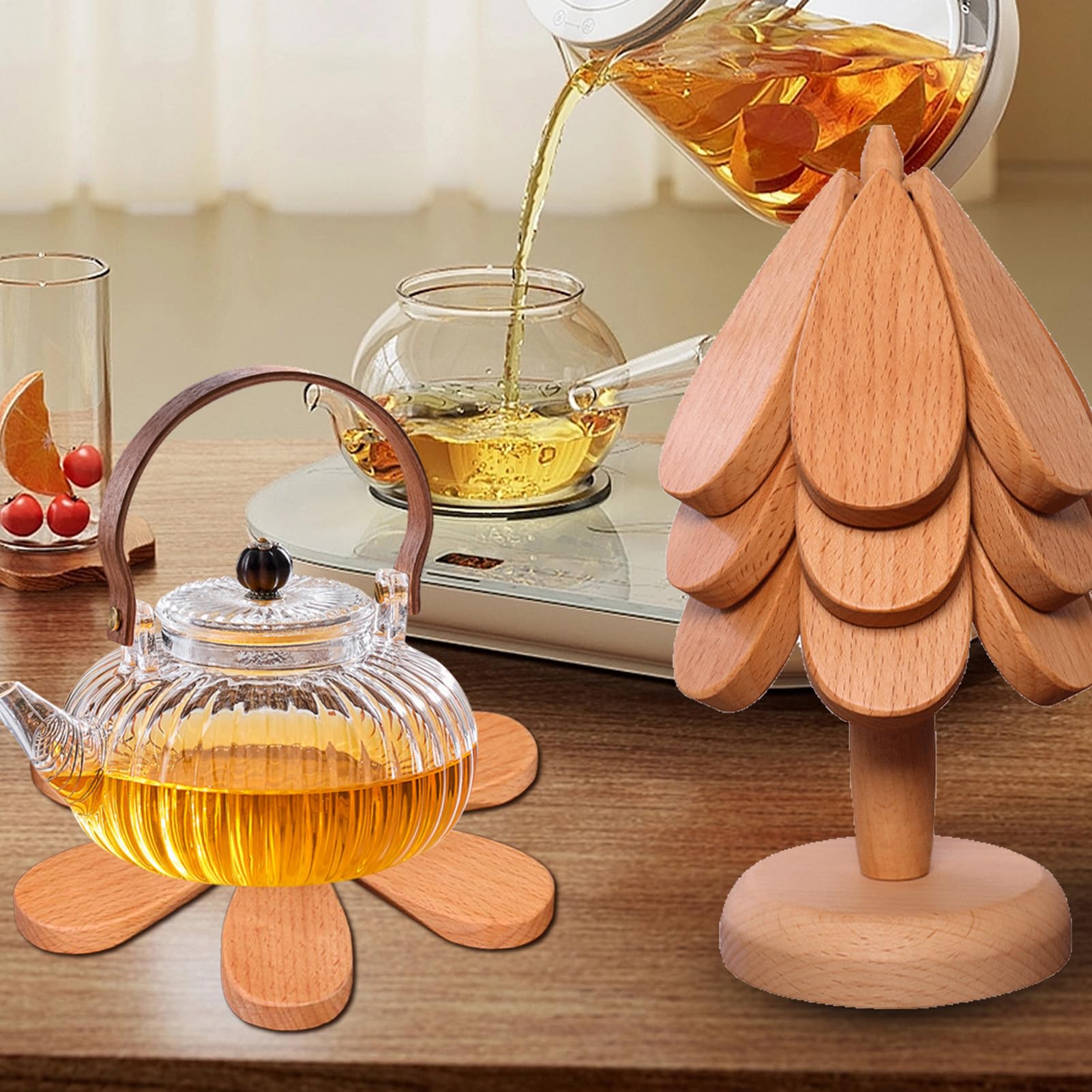 Dessous de Verre en Bois pour Arbre, Ensemble de Dessous de Plat en Bois | Ensemble de sous-verres en bois de hêtre, support d'arbre décoratif avec 3 sous-verres et 1 support pour