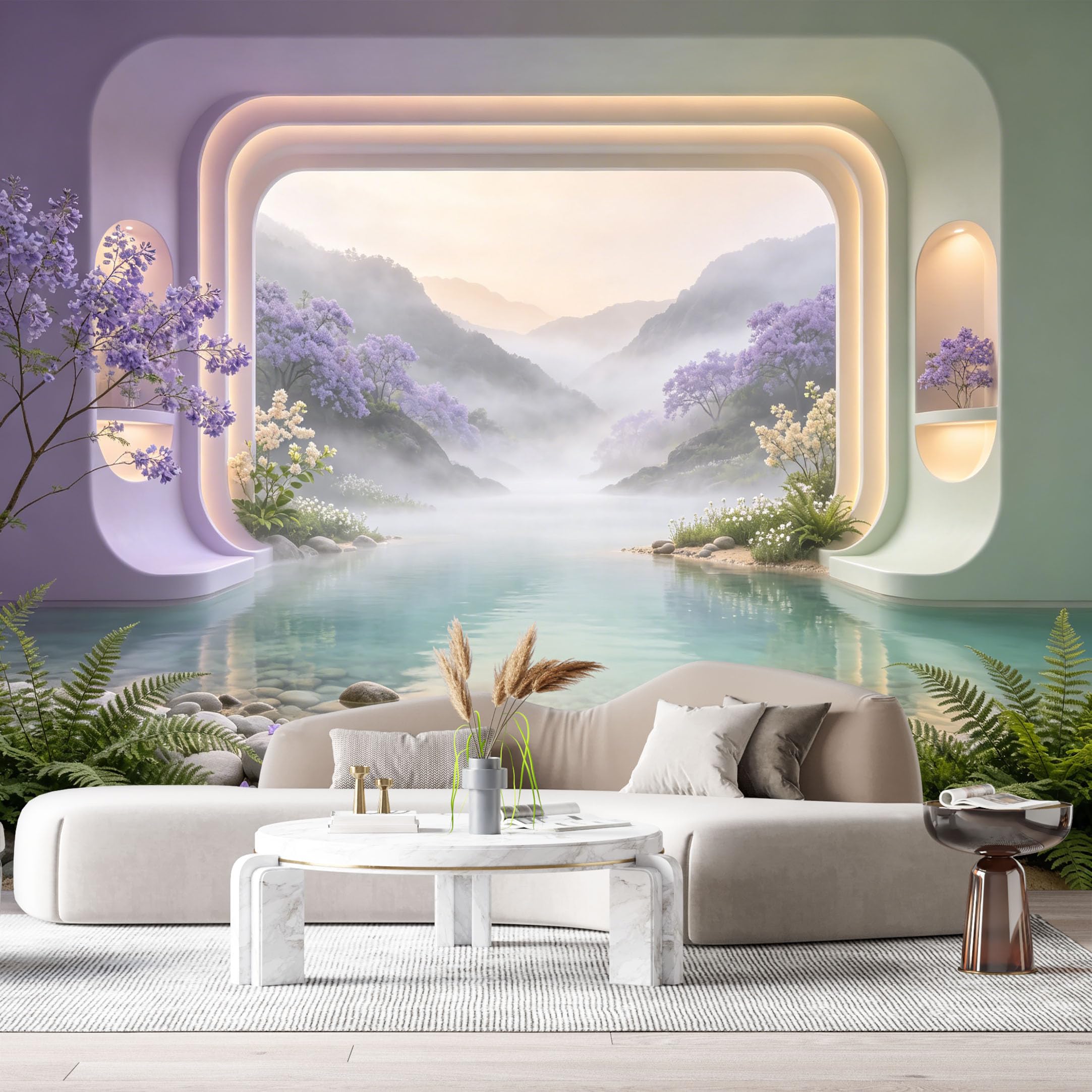 Custom Size Wall Murals Mist Mountain Lake Floral Landscape 3D Trompe L'Oeil SelfAdhesiveWall Fabric Removable Wallpaper Wall Decor for Living Room Bedroom Bathroom
