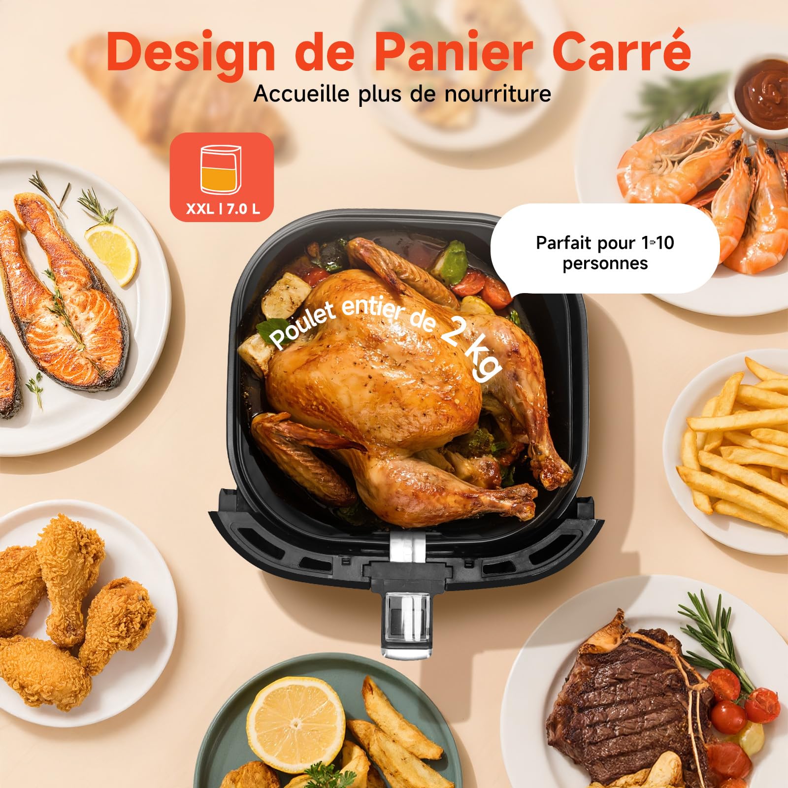 Aigostar Air Fryer XXL 7 Litres/2Kg, Friteuse Sans Huile avec Double Panier Indépendant, Technologie Rapid Air, 8 Programmes, Fonction Maintien au Chaud, Application de Recettes/Livre de Recettes