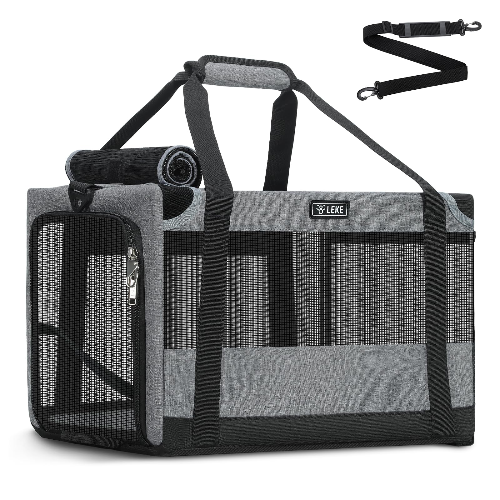 Lekesky Sac Transport Chat, Sac Voyage Chat avec Maille sur 4 Côtés, Approuvé Compagnie Aérienne, Caisse Transport Chats Pliable Stable pour Adapté aux Chats et Chiots Pesant Jusqu'à 7 Kg, Gris L
