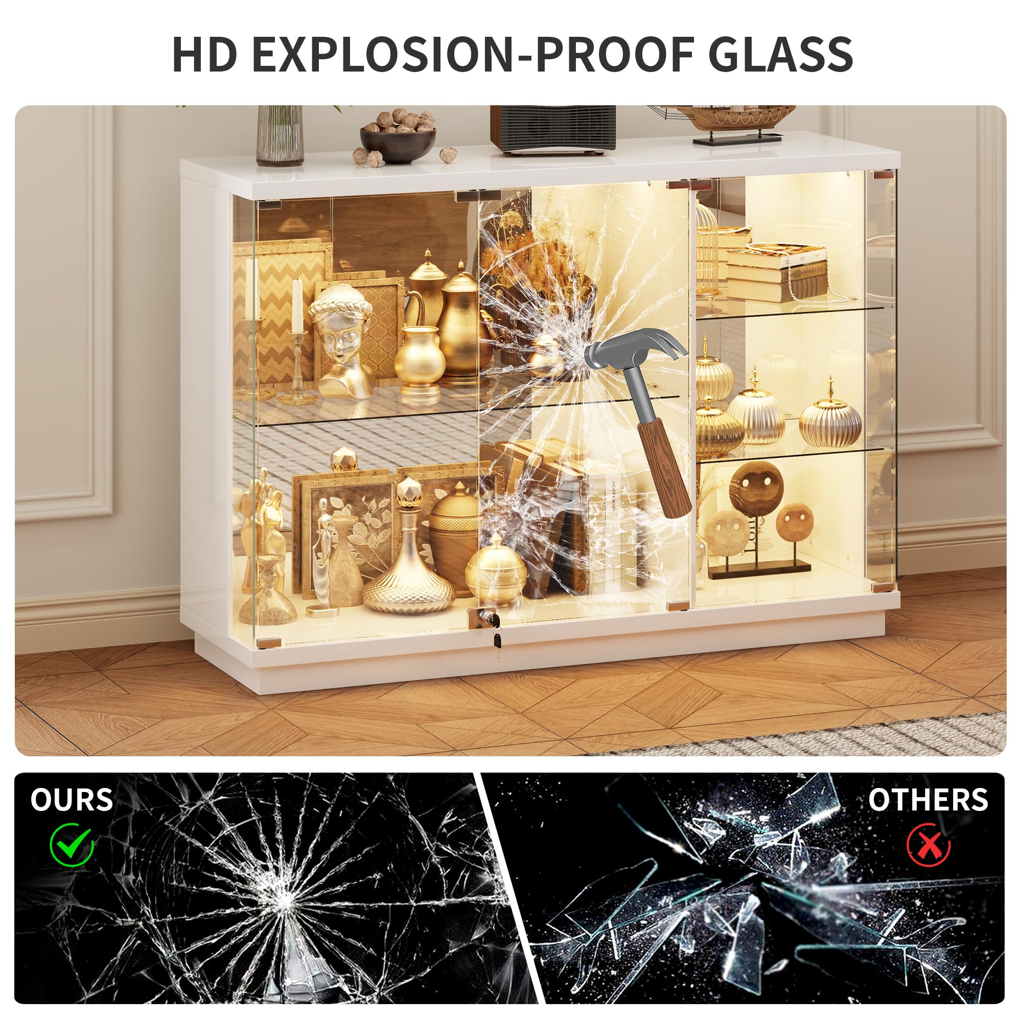 Gurexl Glasvitrine mit LED Beleuchtung und Körpersensor-System für Wohnzimmer,Hochglanz Sideboards mit Abschließbare Glastüren und Type-c B120 x T38 x H85 cm für Esszimmer Innenministerium,Weiß