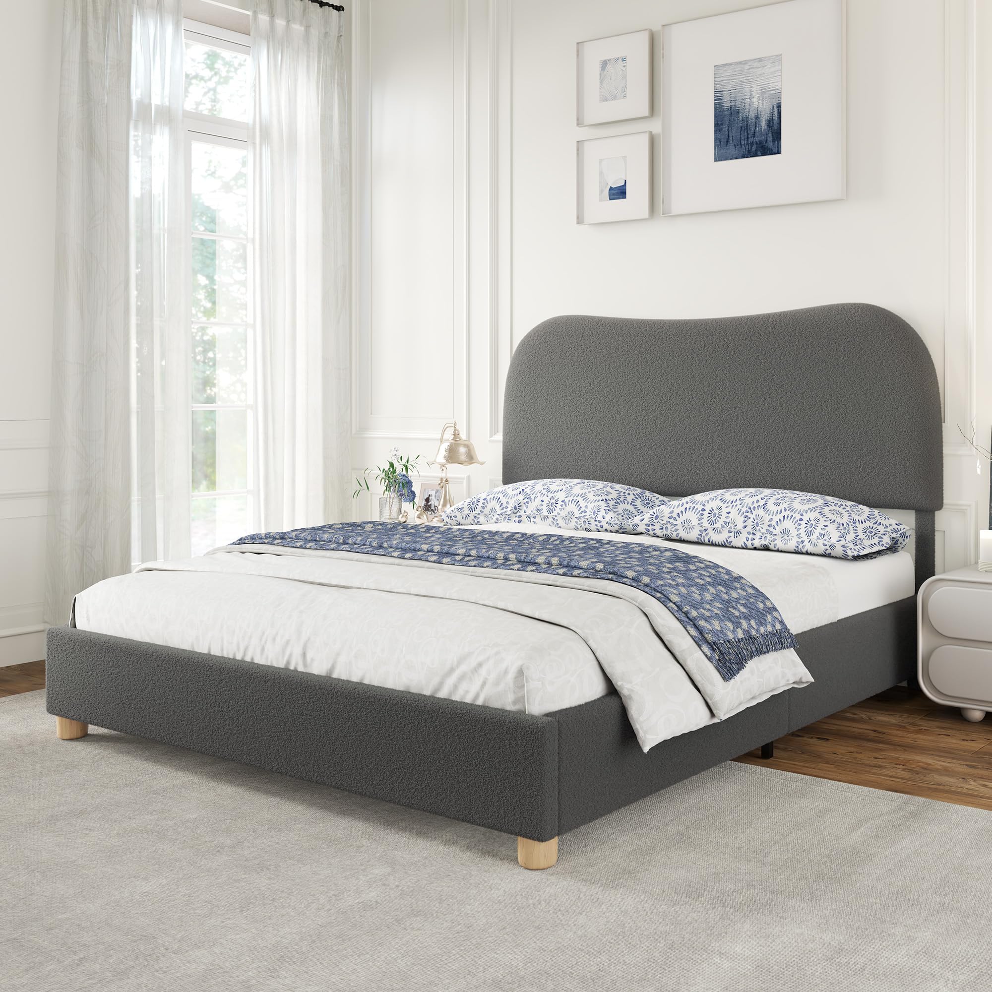 AMERLIFE Queen Size Upholstered Boucle Bed Frame, Soft Cloud Platform Bed with Adjustable Headboard, Modern Design, Rounded Corners, Rubberwood Legs,
