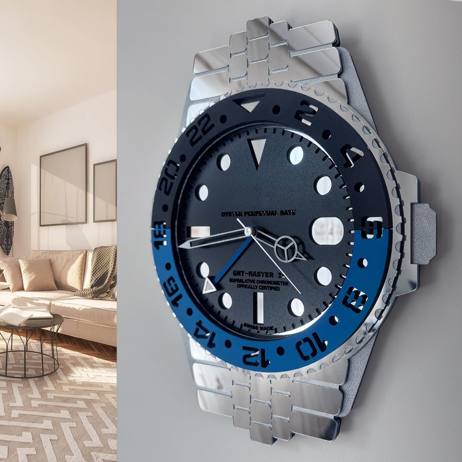 Handmade Wrist Watch Appearance Wall Clock, Luxury GMT, Red Blue Silent Non-Ticking Watch-Style Clock, Modern Decorative Wall Art, Wooden Wall Clock. (Black Blue)