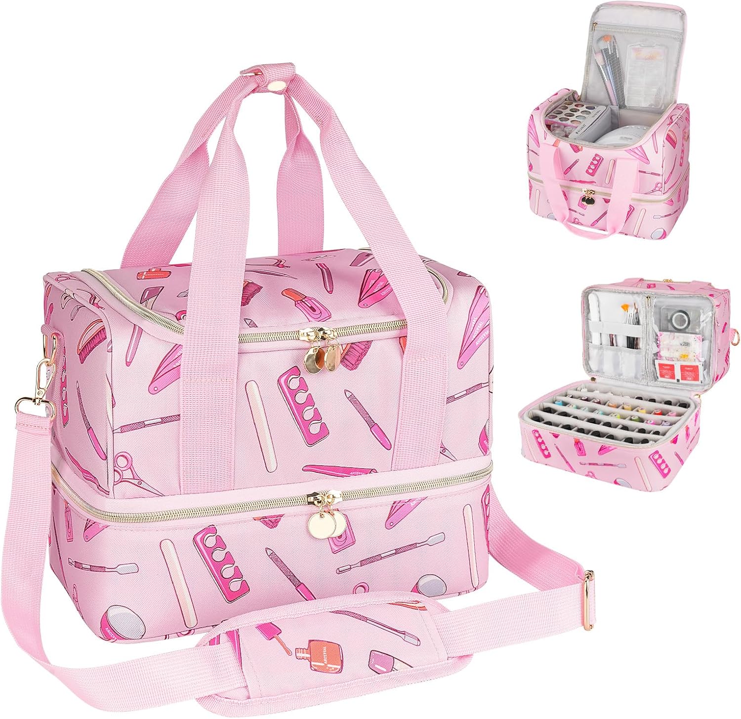 Nail Polish Storage, Double Layer Nail Polish Organizer, 40 Bottle Bag and 1 LED Nail Lamp, pink