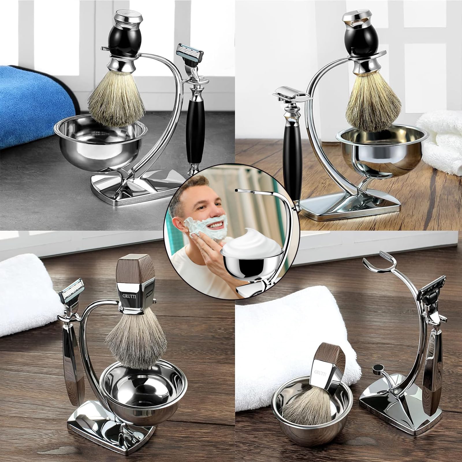 Set da barba da uomo, universale, supporto per pennelli da barba, in acciaio inox, resistente, supporto per rasatura di sicurezza, per rasoi manuali, pennello da barba