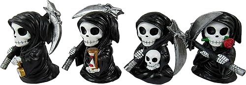 Miniatura 9 de DWK - Fearsome Foursome - Juego de cuatro (4) adorables figuras coleccionables en miniatura de la parca con reloj de guadaña reloj de arena,