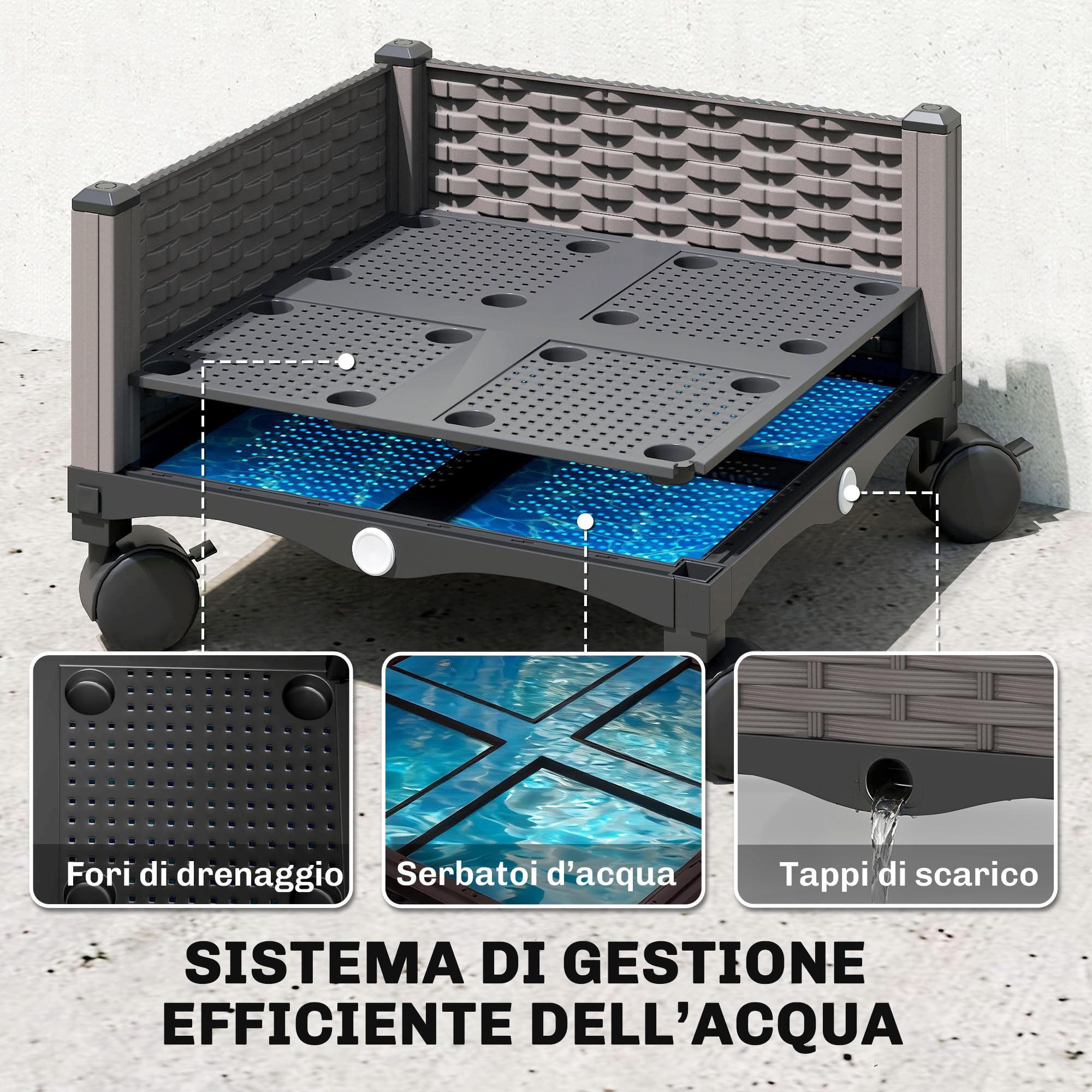 Outsunny Letto da Giardino Rialzato Alto 185 cm Autoirrigante in Metallo con Traliccio, con 4 Ruote Bloccabili per Piante Rampicanti, Fioriera con Fori di Drenaggio per Verdure e Fiori, Nero