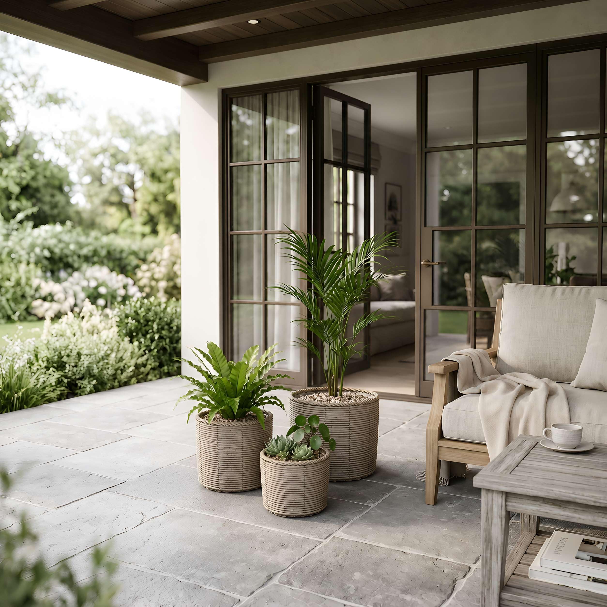 colourliving Gala Pflanzkübel 3er Set Polyrattan, Übertöpfe naturgrau mit Folieneinsatz und Metallrahmen für Wohnzimmer Wintergarten und überdachten Außenbereich (Cylinder - Zylinderform)