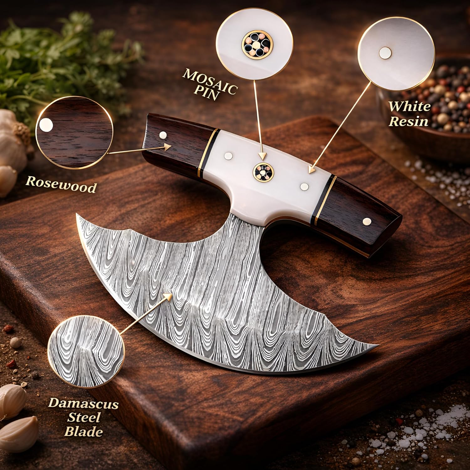 Custom Handmade Damascus Steel Ulu Knife, Alaskan Ulu with Leather Sheath, Multi-Purpose Alaska Knife for Pizza Cutting, Chopping, Rocking, Mincing & Slicing, Rosewood & Resin Handle