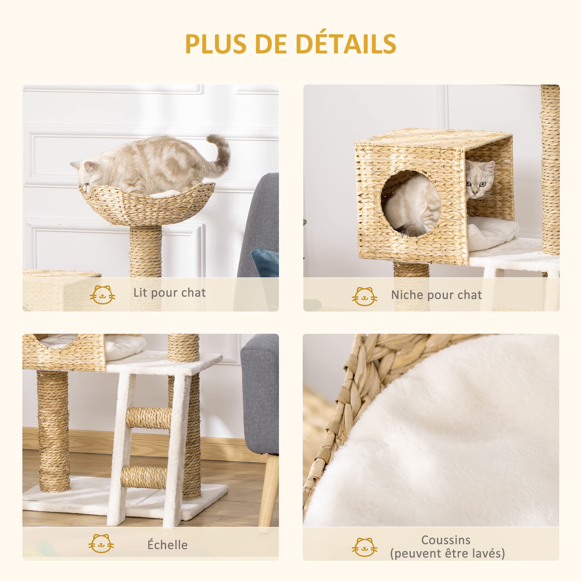 PawHut Arbre à Chat Arbre à Grimper Griffoir pour Chat Hauteur 100,5 cm | avec Coussins, Échelle, Centre d'Activités, Poteaux en Quenouille