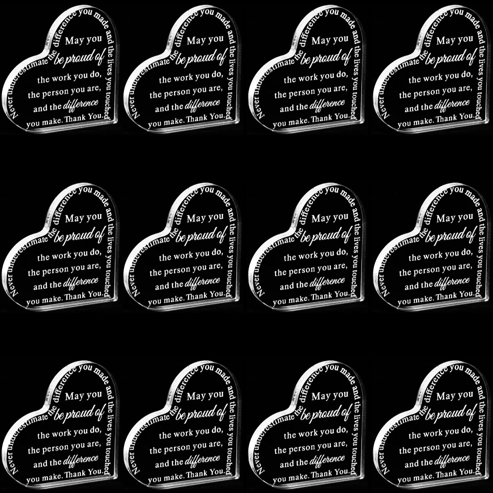 12 placche in acrilico per premio, regali di apprezzamento per dipendenti e colleghi, regalo di ringraziamento a forma di cuore, fermacarte ispiratrice da scrivania, con scritta in lingua inglese